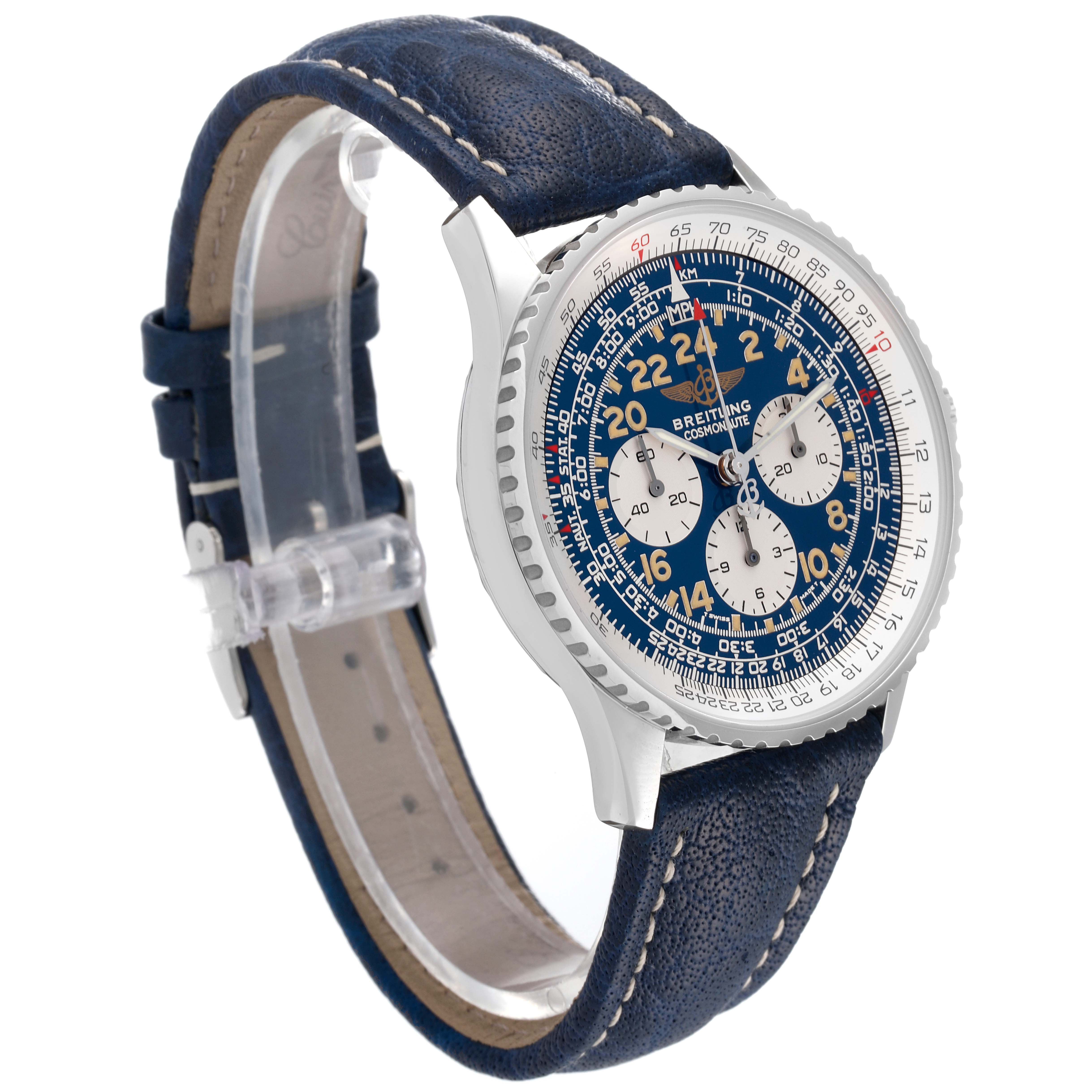 This image shows the Breitling Navitimer A12322 Men's Stainless Steel Blue Dial A12322 Men's Stainless Steel Blue Dial watch at a three-quarter angle, displaying the face, bezel, and leather strap.