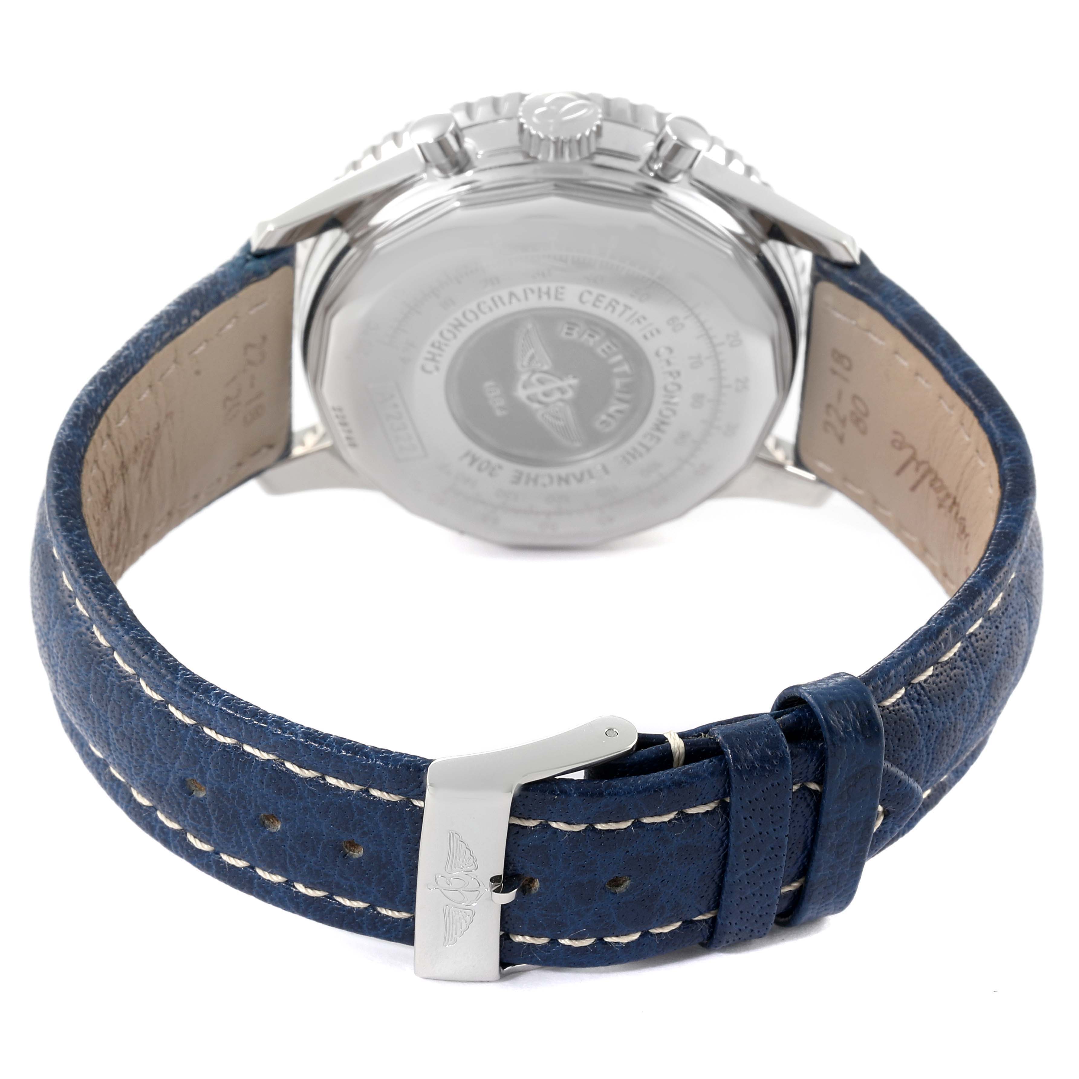 This image shows the back case and strap of a Breitling Navitimer A12322 Men's Stainless Steel Blue Dial A12322 Men's Stainless Steel Blue Dial watch with a blue leather band.