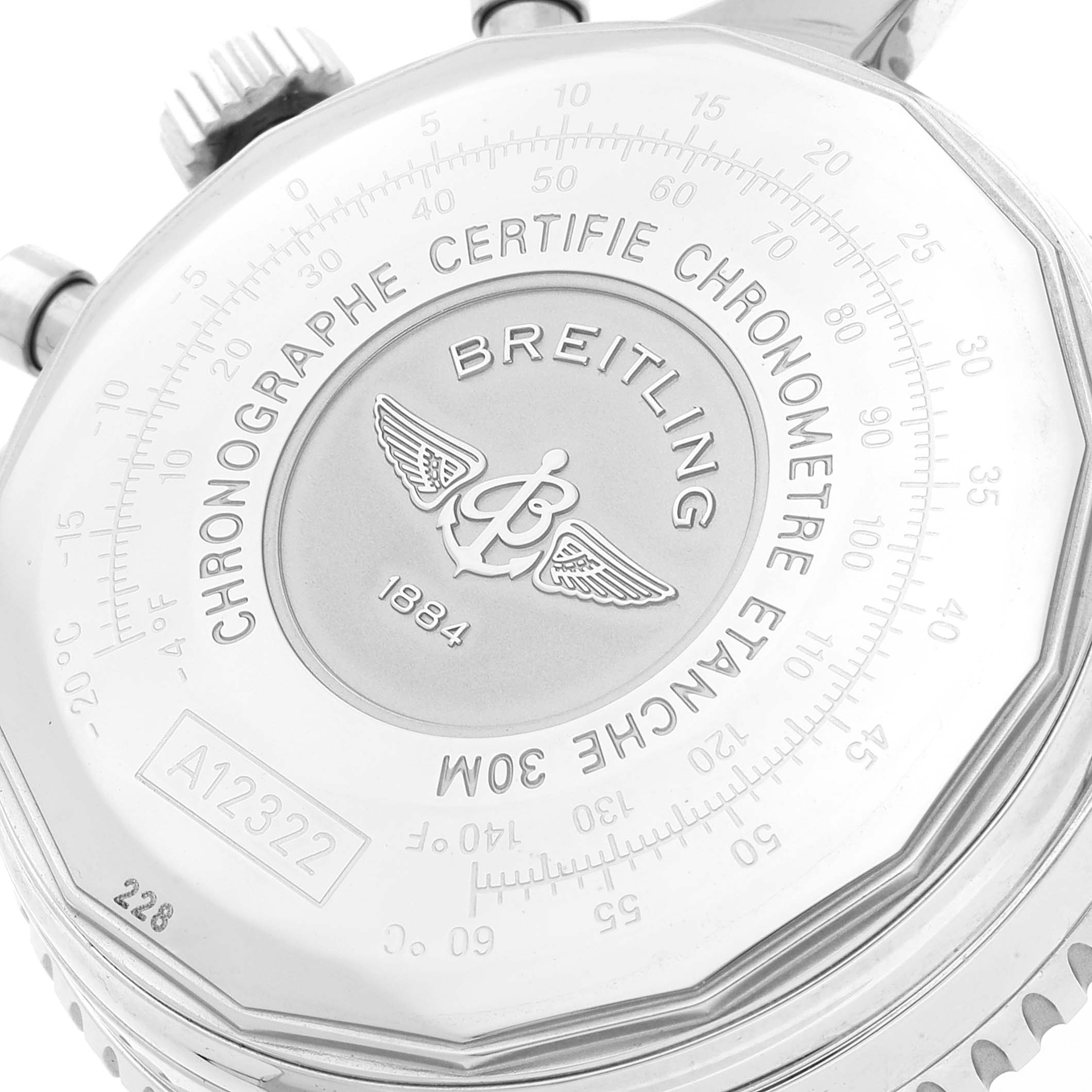 The image shows the back case of a Breitling Navitimer A12322 Men's Stainless Steel Blue Dial A12322 Men's Stainless Steel Blue Dial watch, highlighting its logo, text engravings, and model number.