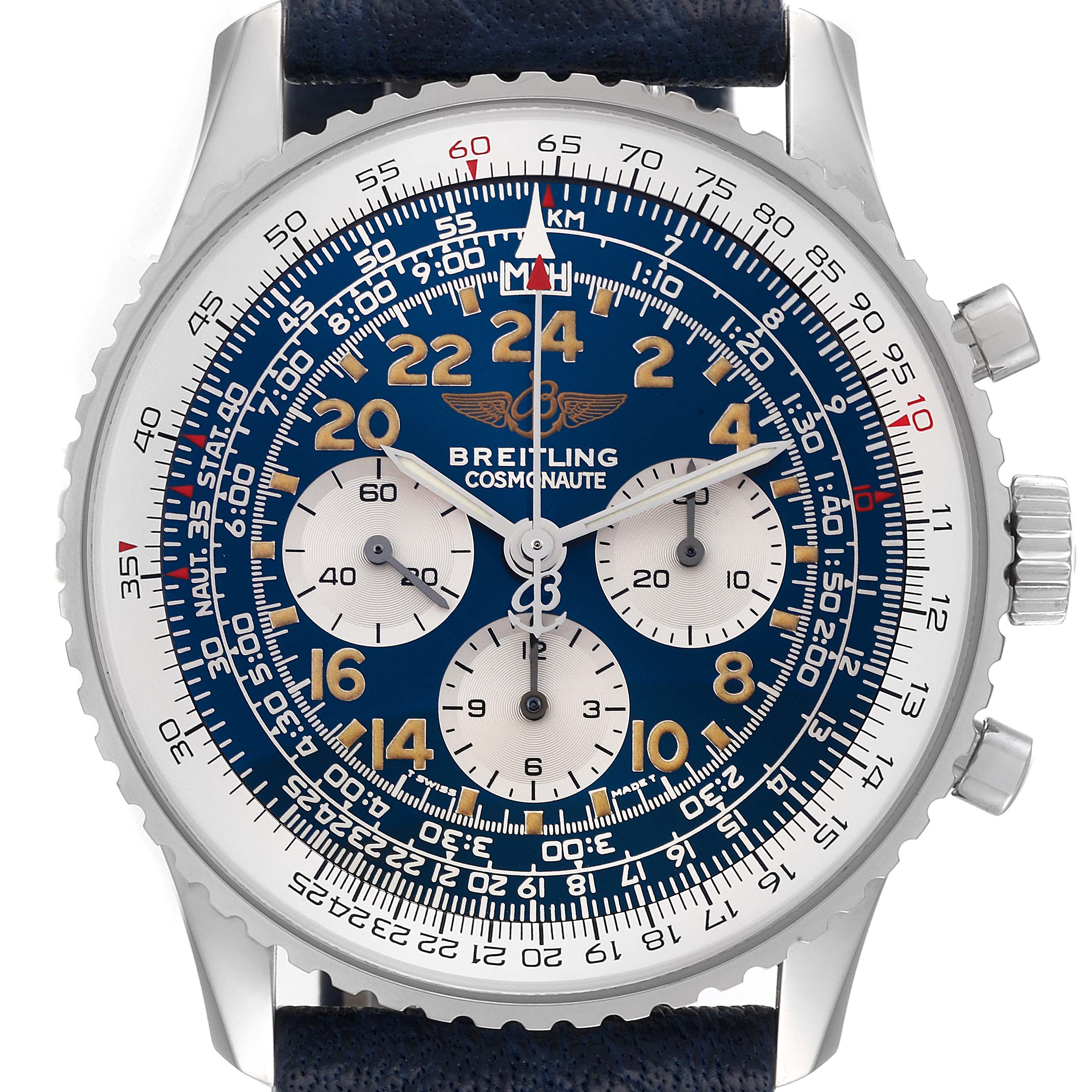 The image shows a frontal view of a Breitling Navitimer A12322 Men's Stainless Steel Blue Dial A12322 Men's Stainless Steel Blue Dial watch, highlighting its dial, bezel, and crowns.