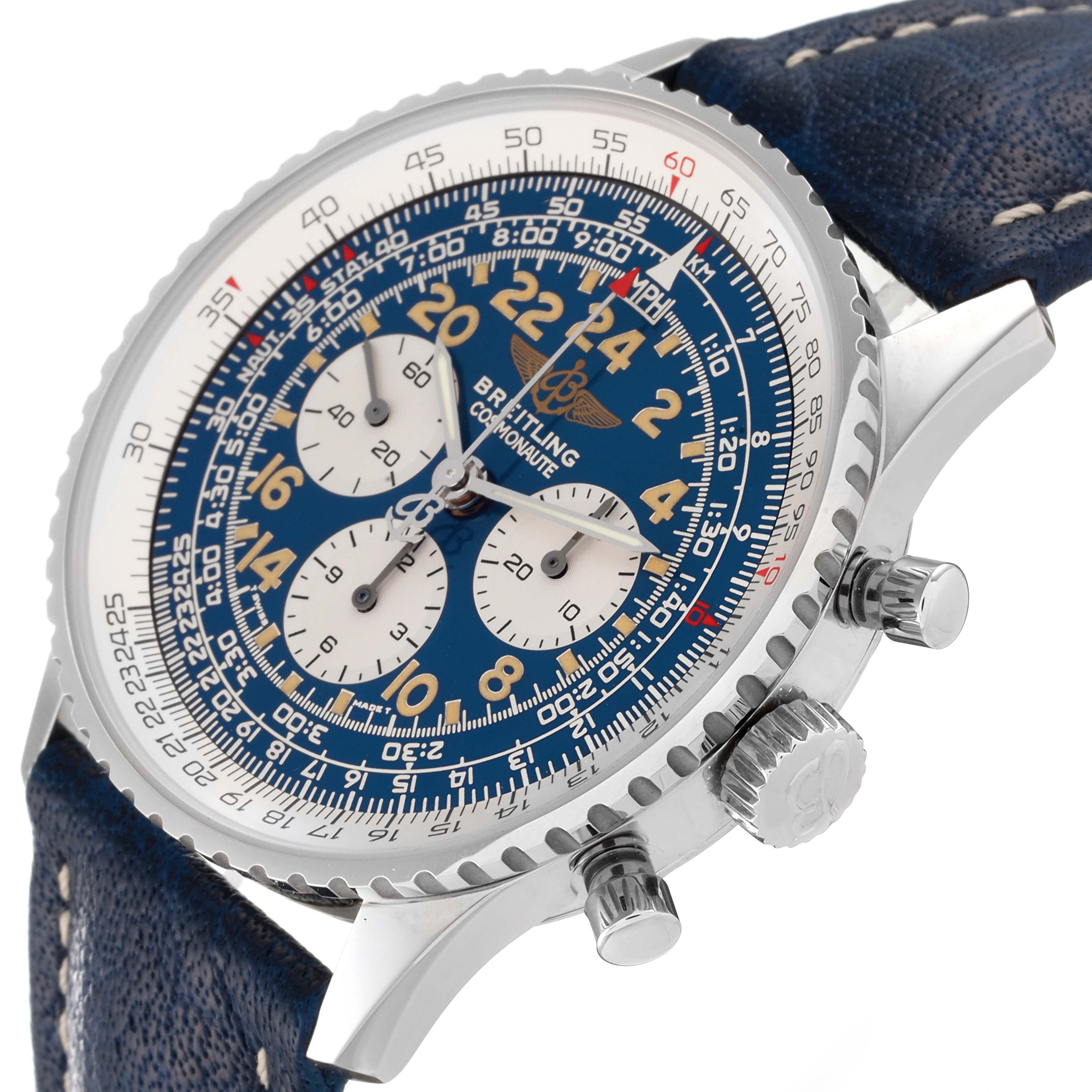 The image shows a Breitling Navitimer A12322 Men's Stainless Steel Blue Dial A12322 Men's Stainless Steel Blue Dial watch at an angle, highlighting the face, bezel, crown, and part of the leather strap.