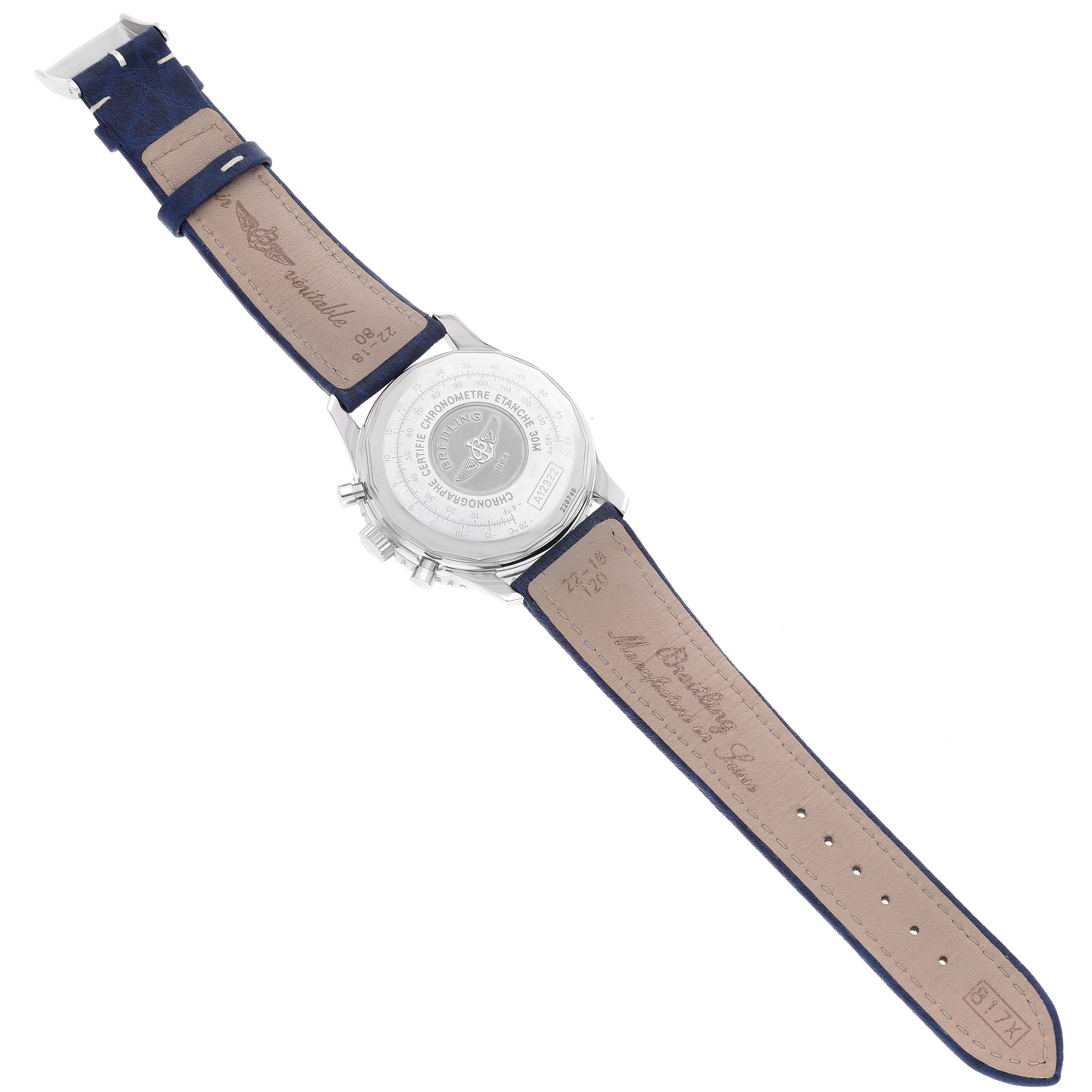 This image shows the back and strap of a Breitling Navitimer A12322 Men's Stainless Steel Blue Dial A12322 Men's Stainless Steel Blue Dial watch, viewed from the rear with an open leather band.