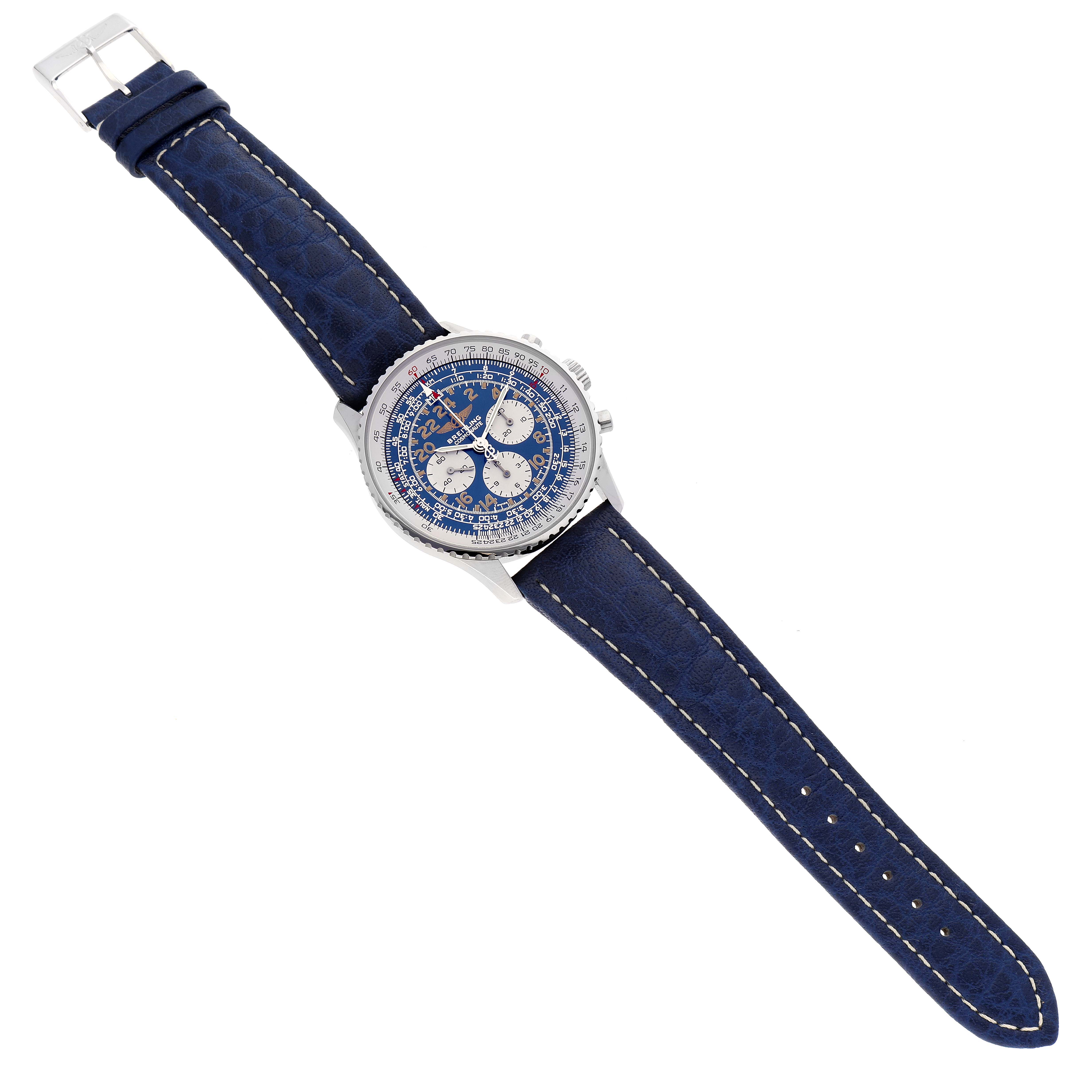 The Breitling Navitimer A12322 Men's Stainless Steel Blue Dial A12322 Men's Stainless Steel Blue Dial watch is shown from a top-down angle, featuring its blue dial, subdials, and blue leather strap.