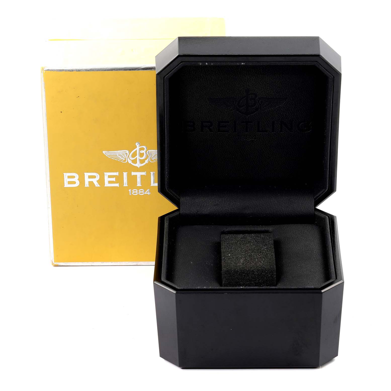 The image shows a Breitling Navitimer A12322 Men's Stainless Steel Blue Dial A12322 Men's Stainless Steel Blue Dial watch box and its outer packaging from a front angle.