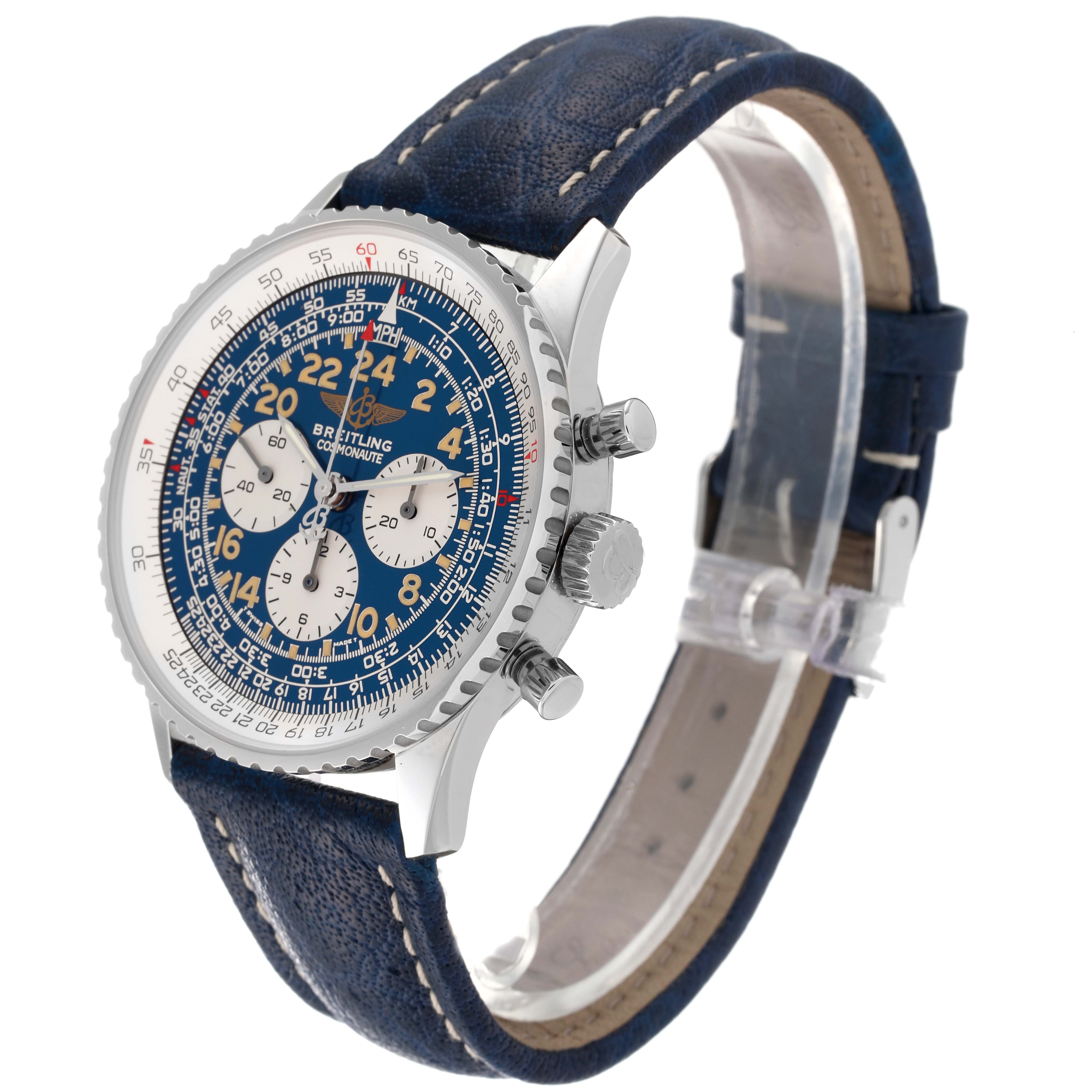 The Breitling Navitimer A12322 Men's Stainless Steel Blue Dial A12322 Men's Stainless Steel Blue Dial watch is shown at a slight angle, displaying its face, bezel, pushers, and leather strap.