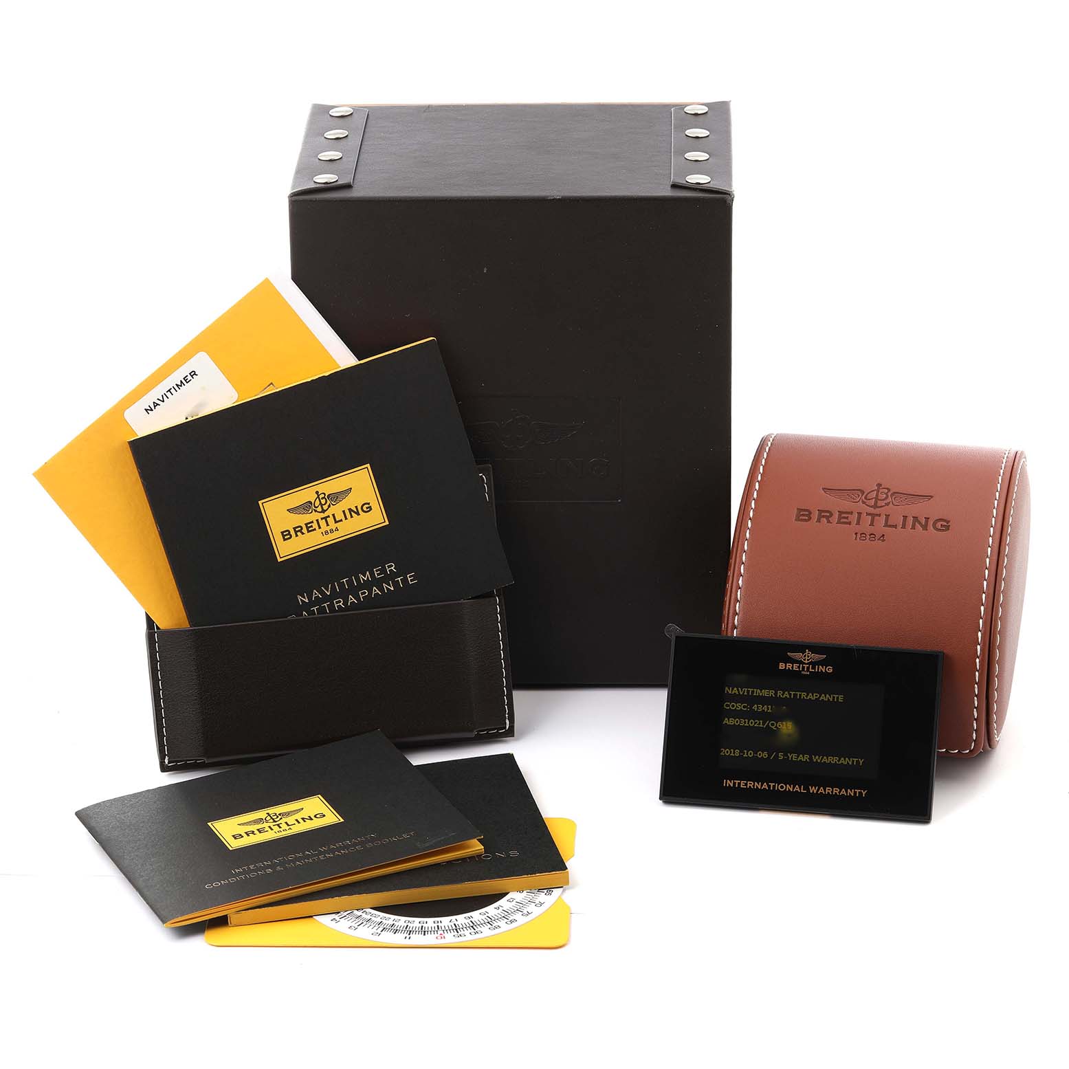 Breitling Navitimer AB031021/Q615 Men's Stainless Steel Brown Dial AB031021/Q615 Men's Stainless Steel Brown Dial model packaging includes manuals, a warranty card, a leather case, and a black box, all shown from a front angle.