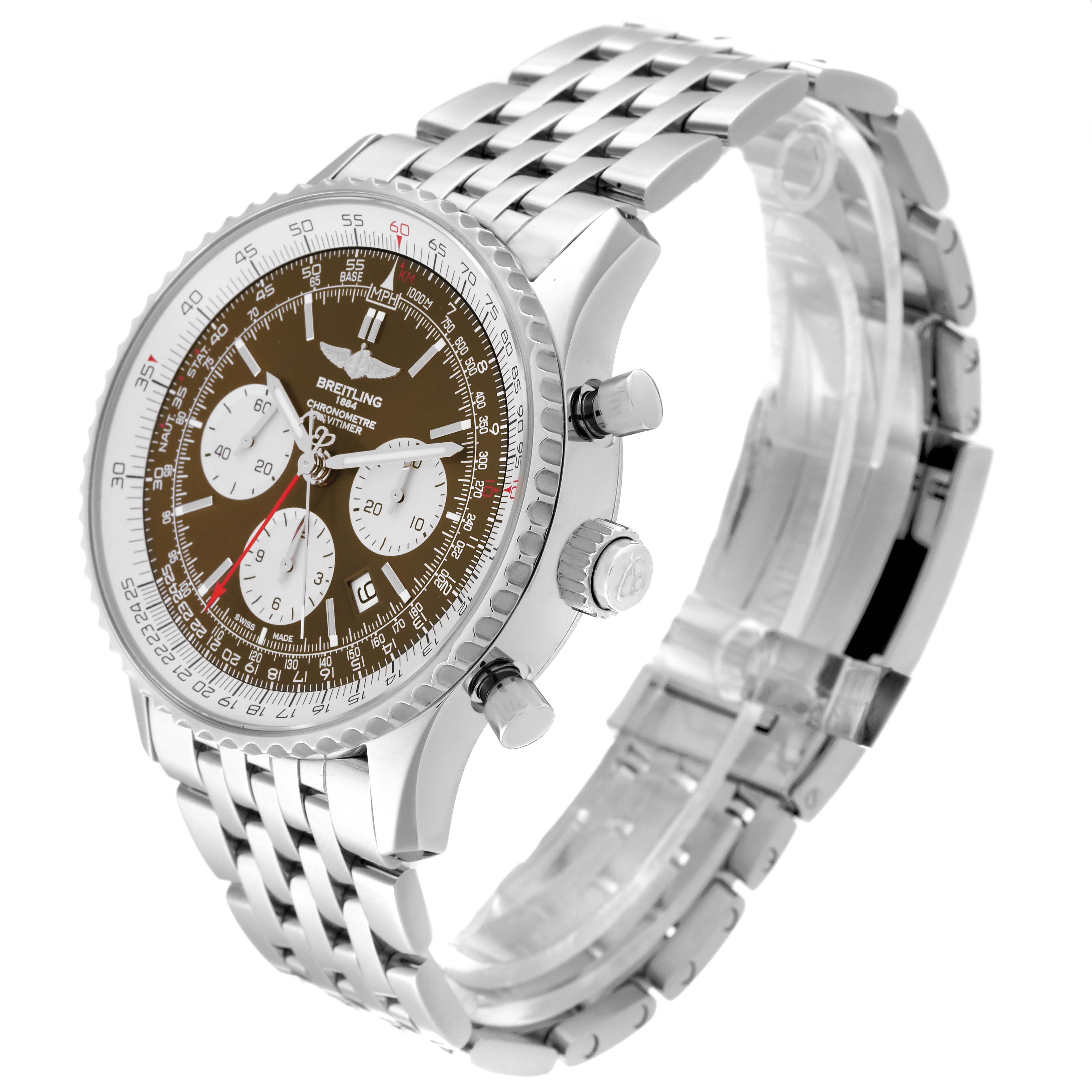 This image shows a side angle of a Breitling Navitimer AB031021/Q615 Men's Stainless Steel Brown Dial AB031021/Q615 Men's Stainless Steel Brown Dial watch, highlighting its face, buttons, crown, and metal bracelet.