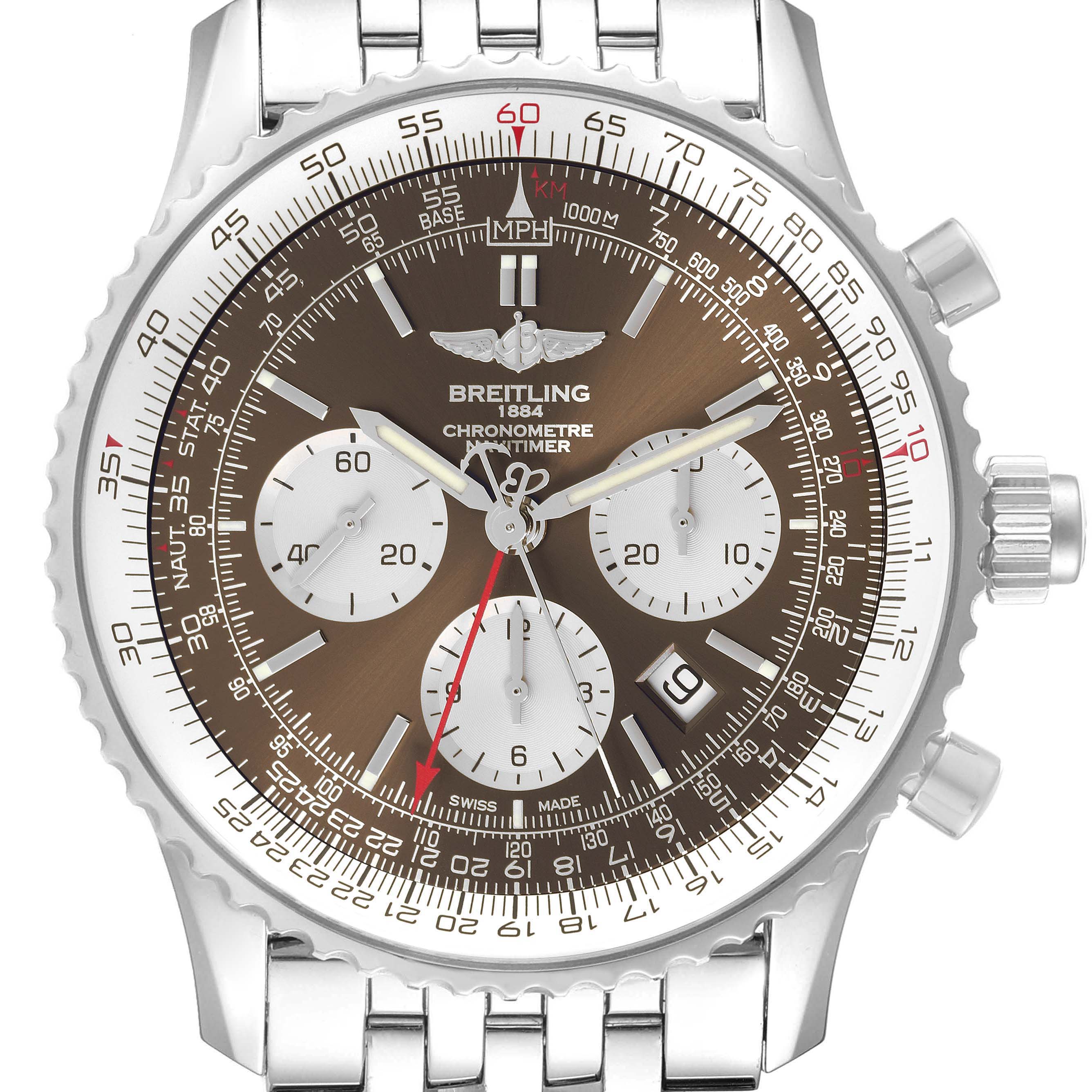 This image shows a front view of the Breitling Navitimer AB031021/Q615 Men's Stainless Steel Brown Dial AB031021/Q615 Men's Stainless Steel Brown Dial watch, highlighting the dial, chronograph subdials, bezel, and partial bracelet.