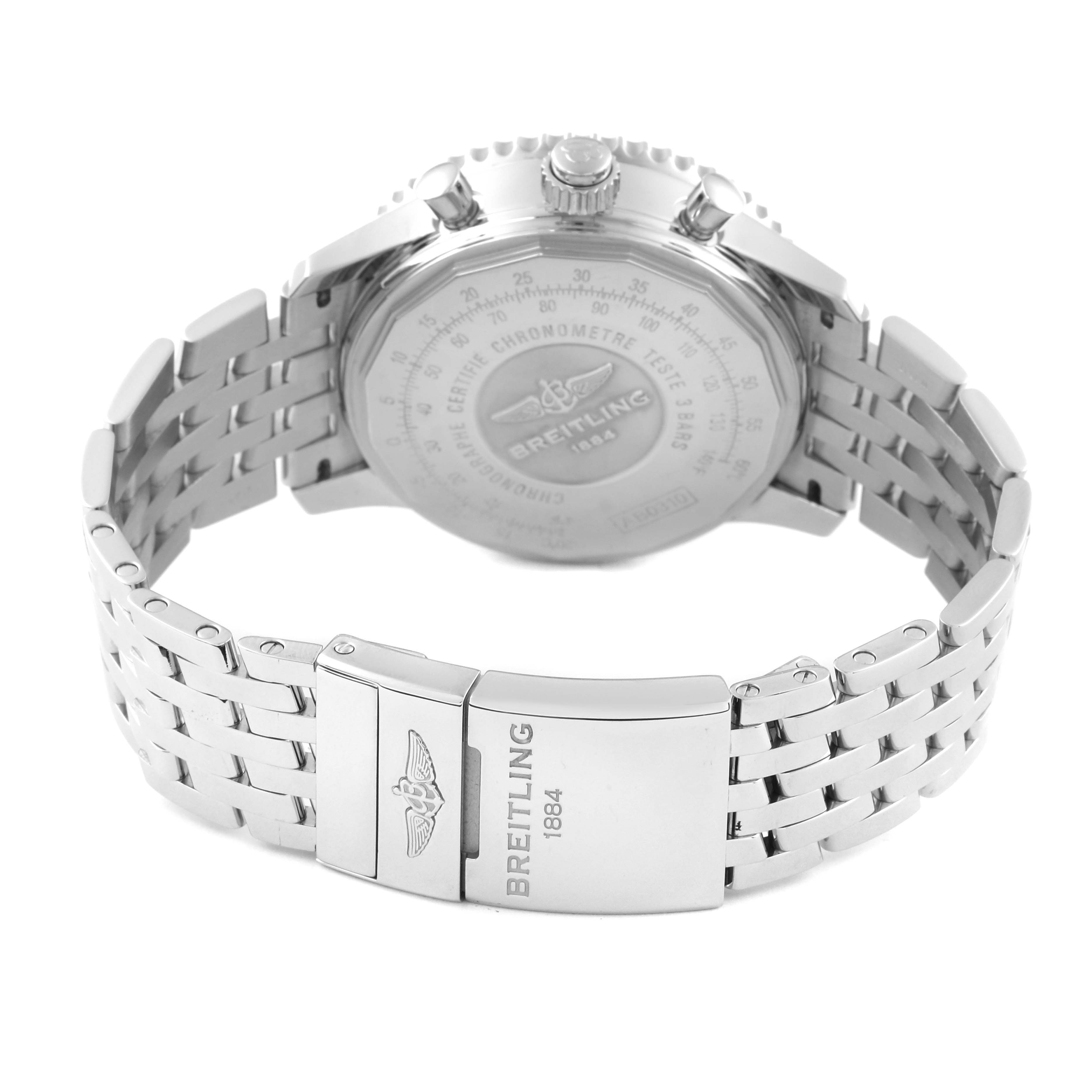 This image shows the backside of a Breitling Navitimer AB031021/Q615 Men's Stainless Steel Brown Dial AB031021/Q615 Men's Stainless Steel Brown Dial watch, including the case back and metal bracelet with clasp.