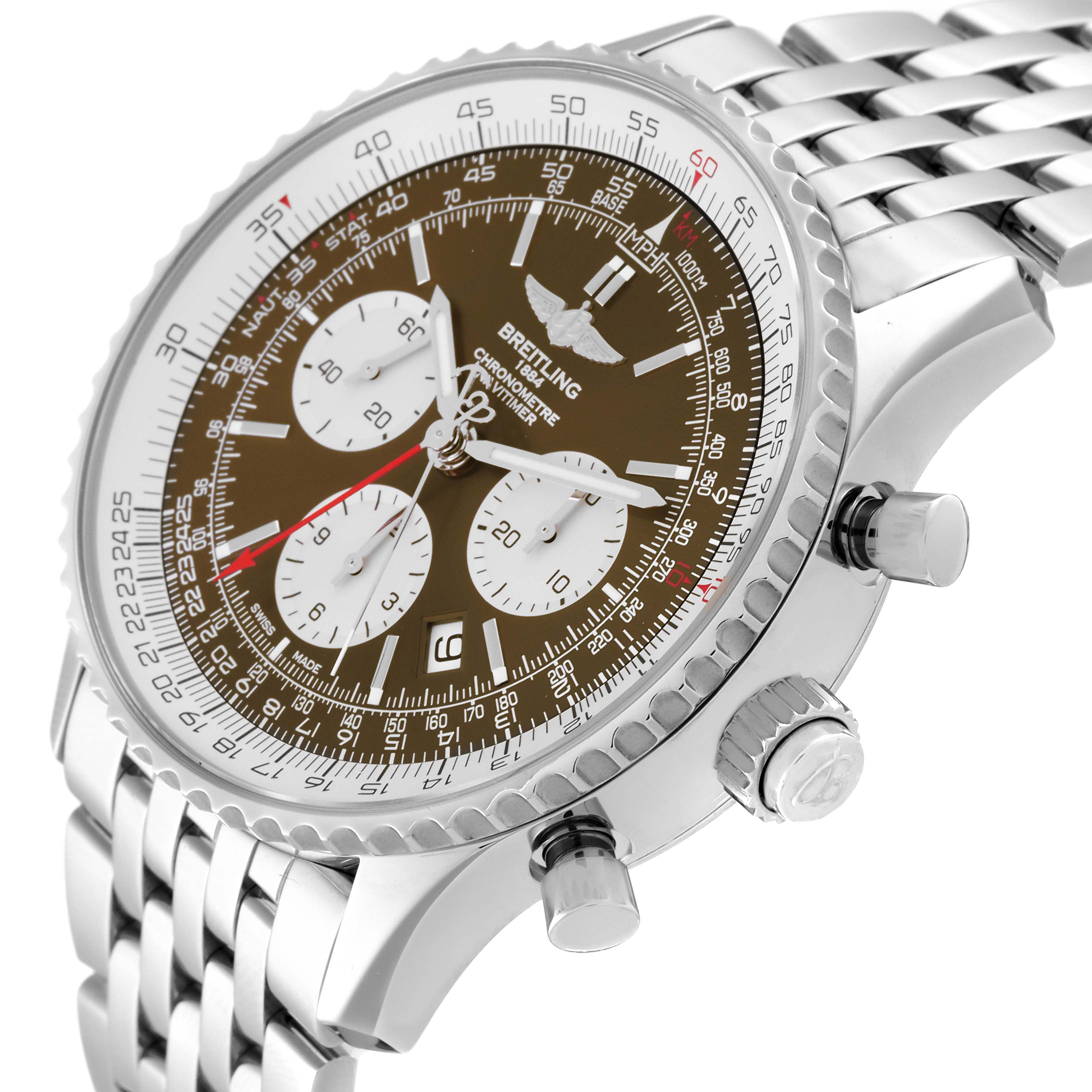 The Breitling Navitimer AB031021/Q615 Men's Stainless Steel Brown Dial AB031021/Q615 Men's Stainless Steel Brown Dial watch is shown at an oblique angle, highlighting the dial, bezel, crown, and chronograph pushers.