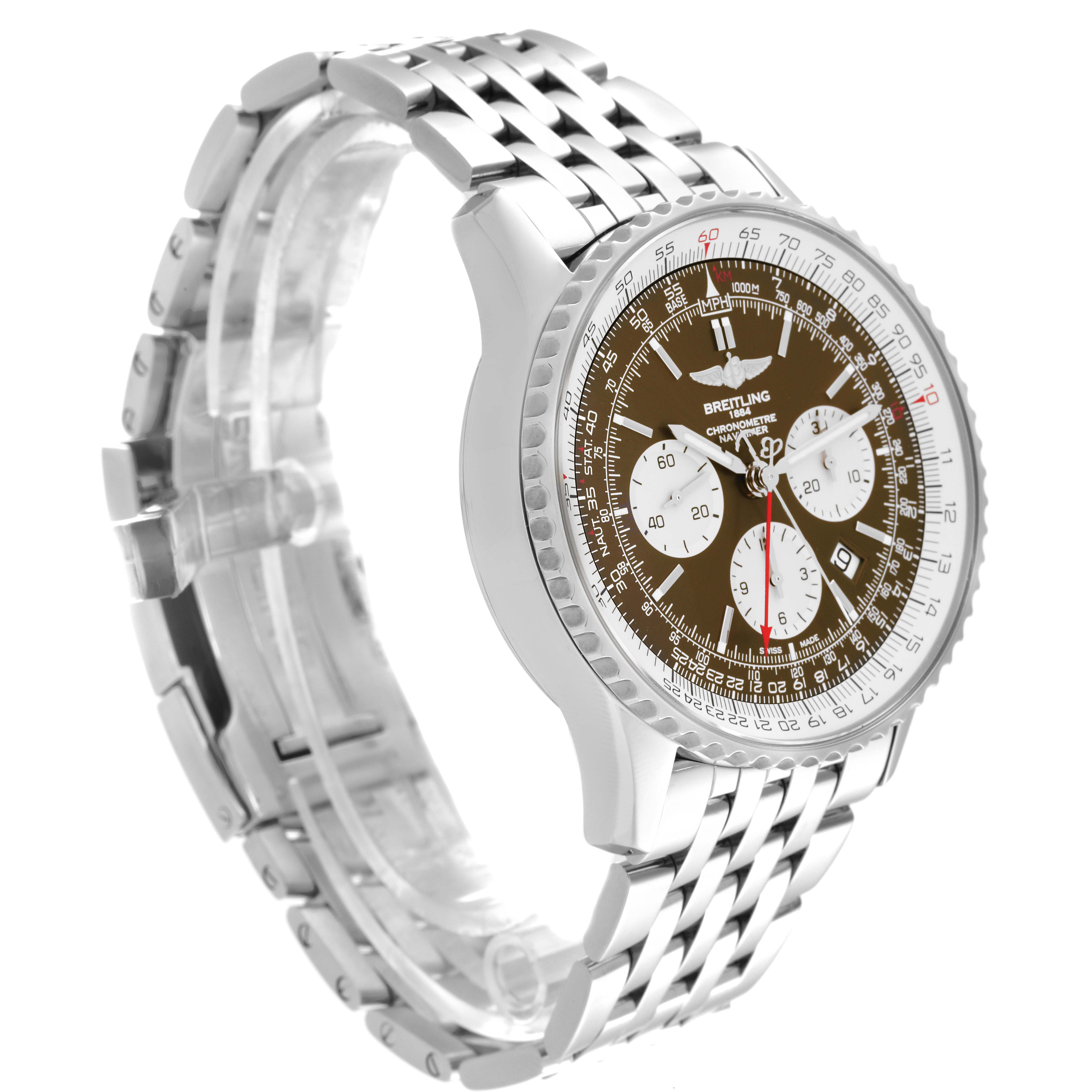 This image shows a side-angle view of a Breitling Navitimer AB031021/Q615 Men's Stainless Steel Brown Dial AB031021/Q615 Men's Stainless Steel Brown Dial watch, highlighting its strap, case, and face.