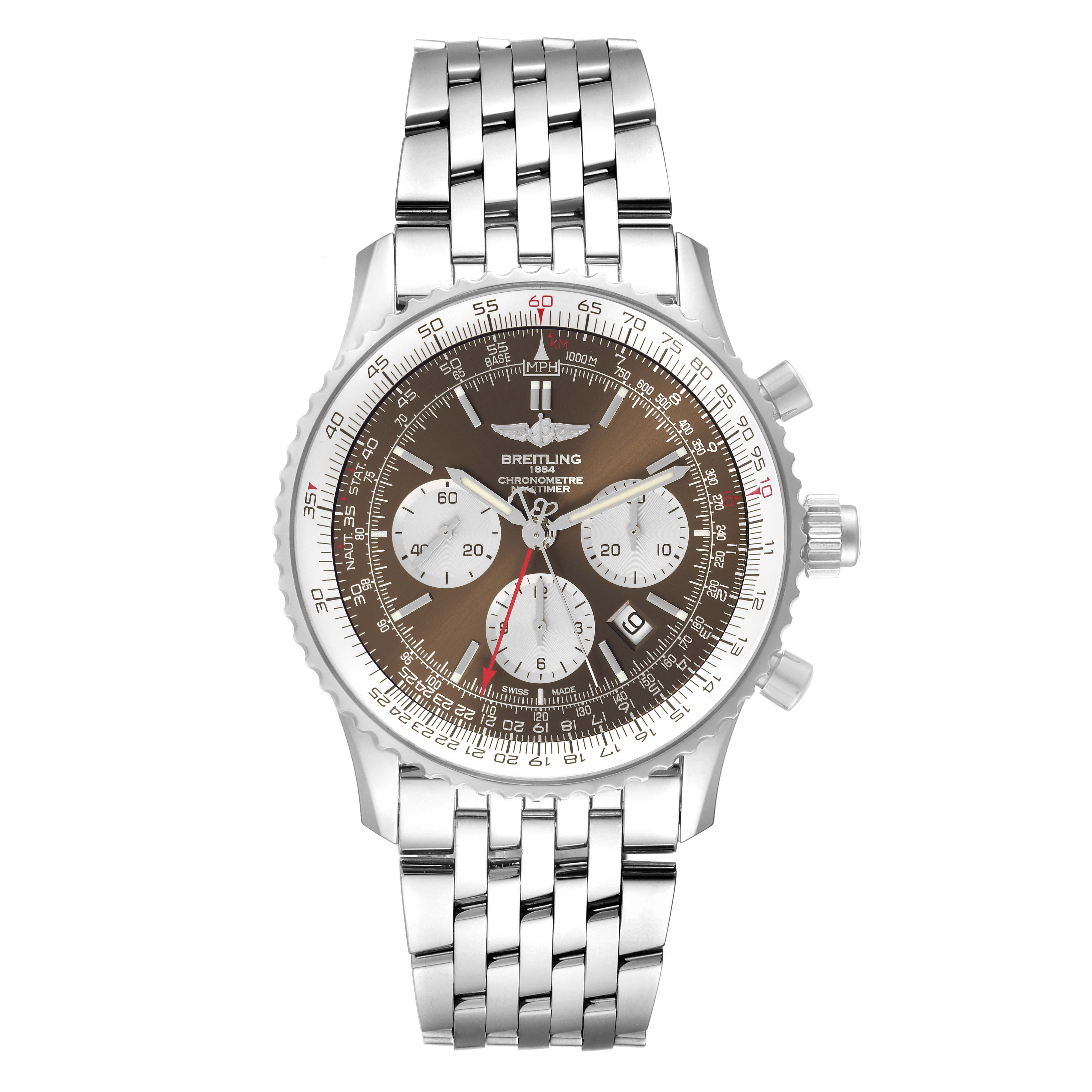 The image shows a front view of a Breitling Navitimer AB031021/Q615 Men's Stainless Steel Brown Dial AB031021/Q615 Men's Stainless Steel Brown Dial watch, highlighting its face, bezel, chronograph subdials, and metal bracelet.