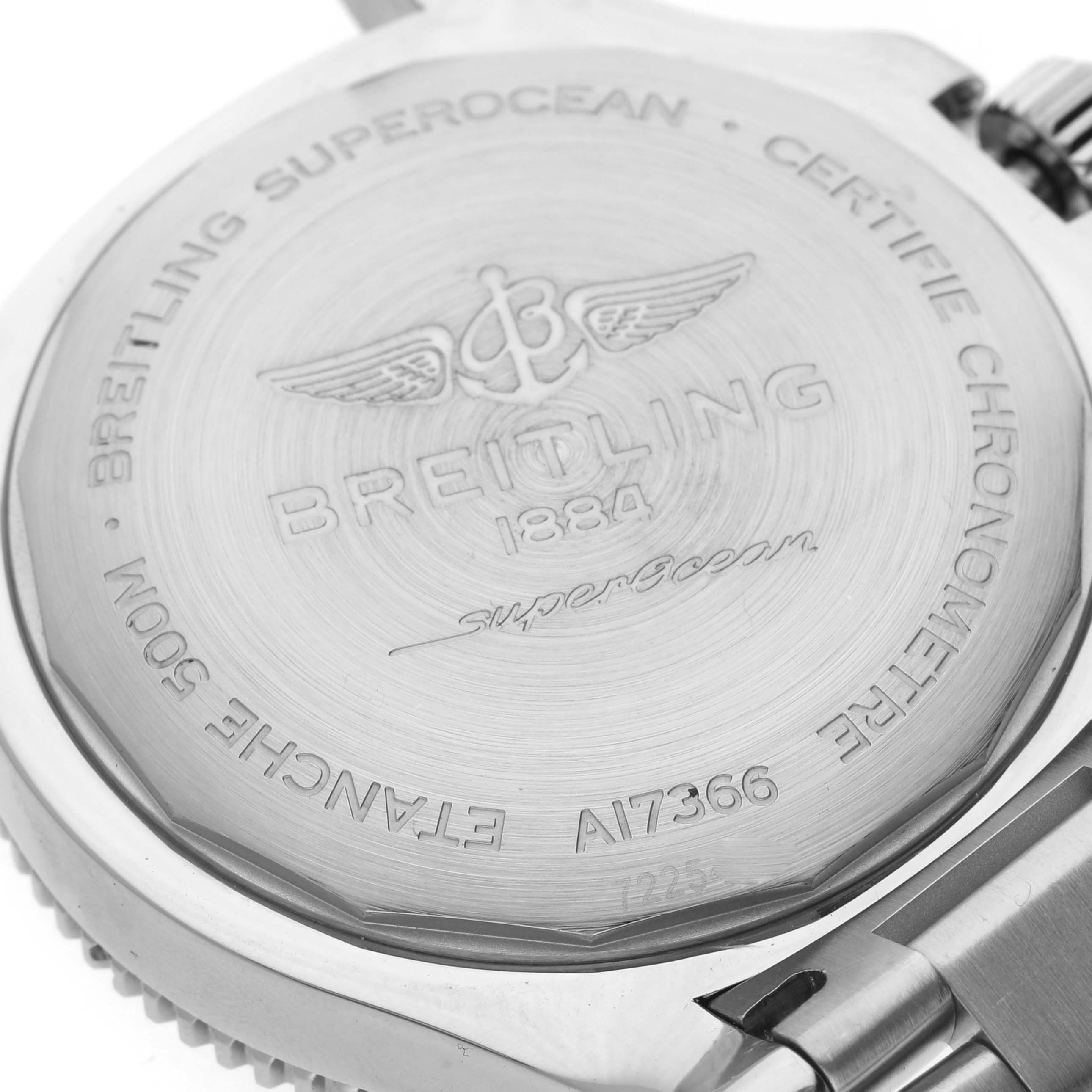 This image shows the engraved case back of the Breitling Superocean A17366 Men
s Stainless Steel Black Dial A17366 Men
s Stainless Steel Black Dial watch, highlighting the brand and model details.