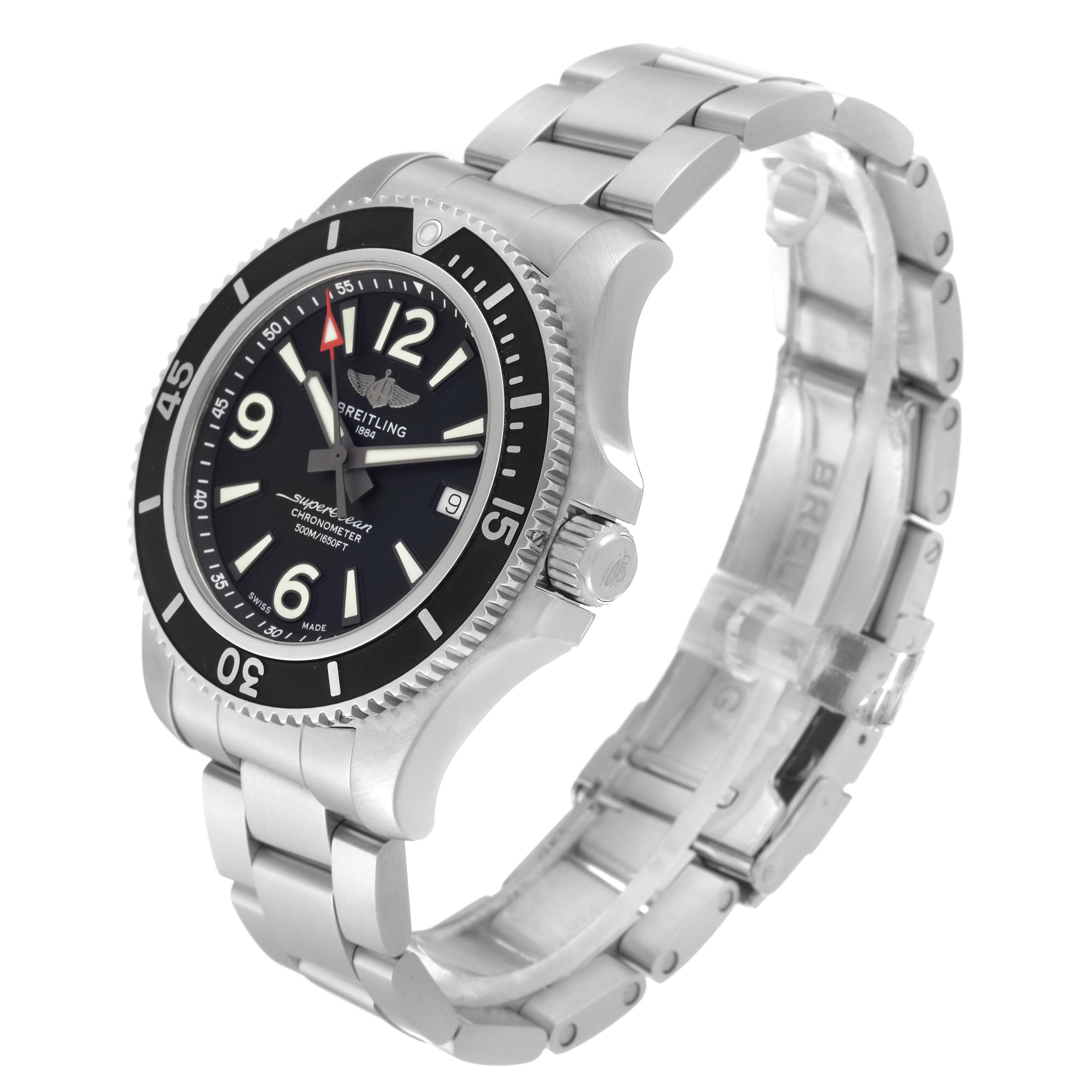 The Breitling Superocean A17366 Men
s Stainless Steel Black Dial A17366 Men
s Stainless Steel Black Dial watch is shown at a three-quarter angle, highlighting the face, bezel, crown, and part of the bracelet.
