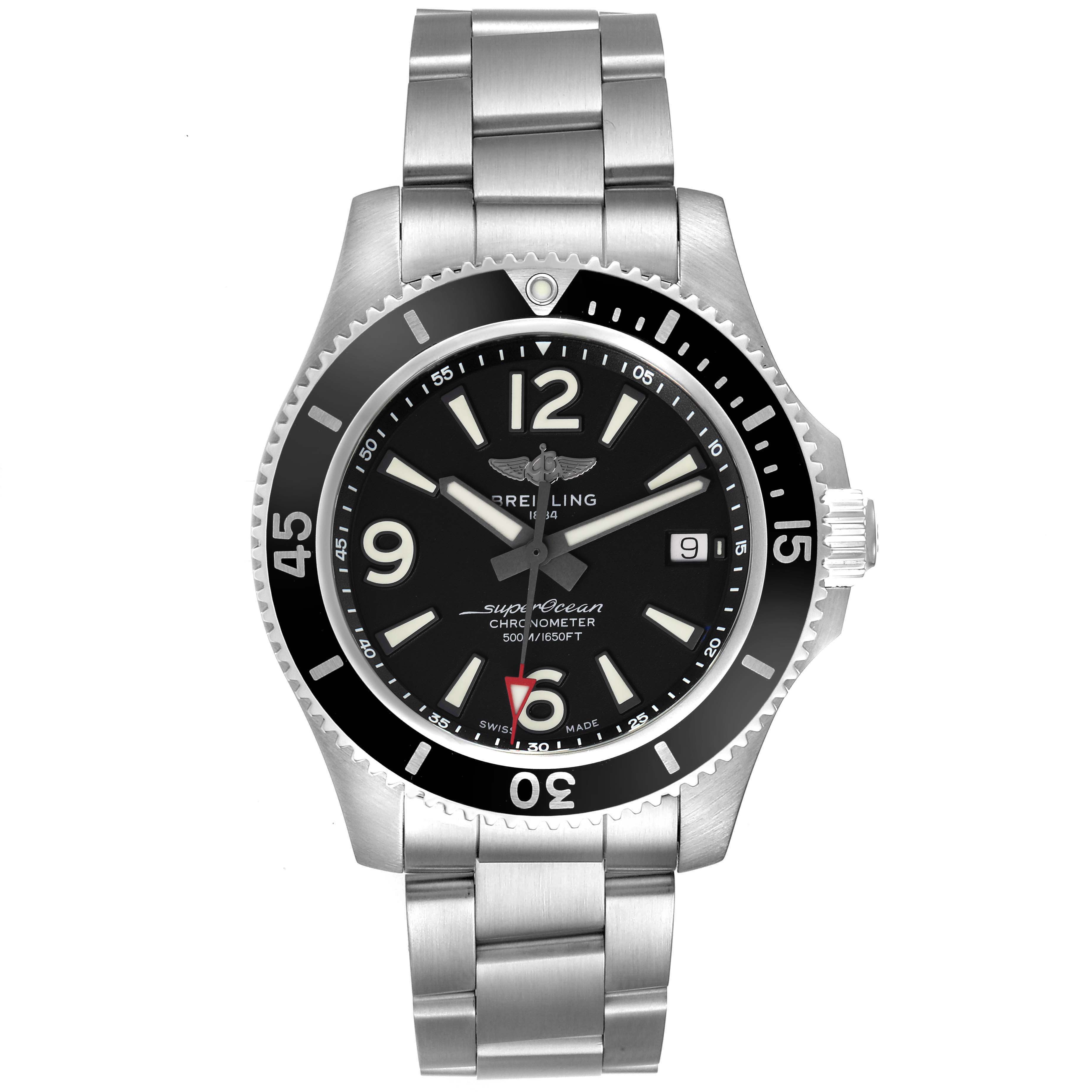 The Breitling Superocean A17366 Men
s Stainless Steel Black Dial A17366 Men
s Stainless Steel Black Dial watch is shown from a frontal angle, highlighting its black dial, bezel, and stainless steel bracelet.