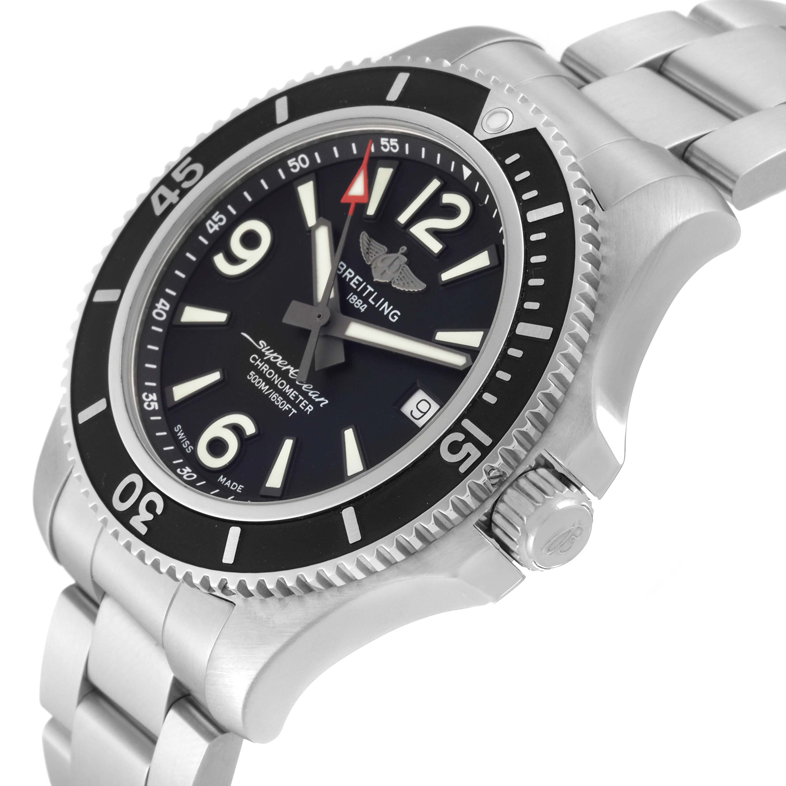 The Breitling Superocean A17366 Men
s Stainless Steel Black Dial A17366 Men
s Stainless Steel Black Dial watch is shown at an angle, highlighting the dial, bezel, crown, and part of the bracelet.