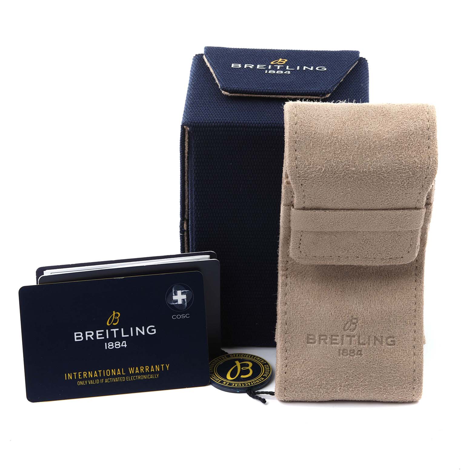 The image shows the packaging and accessories for a Breitling Superocean A17366 Men
s Stainless Steel Black Dial A17366 Men
s Stainless Steel Black Dial watch, including a box, a pouch, and warranty cards.