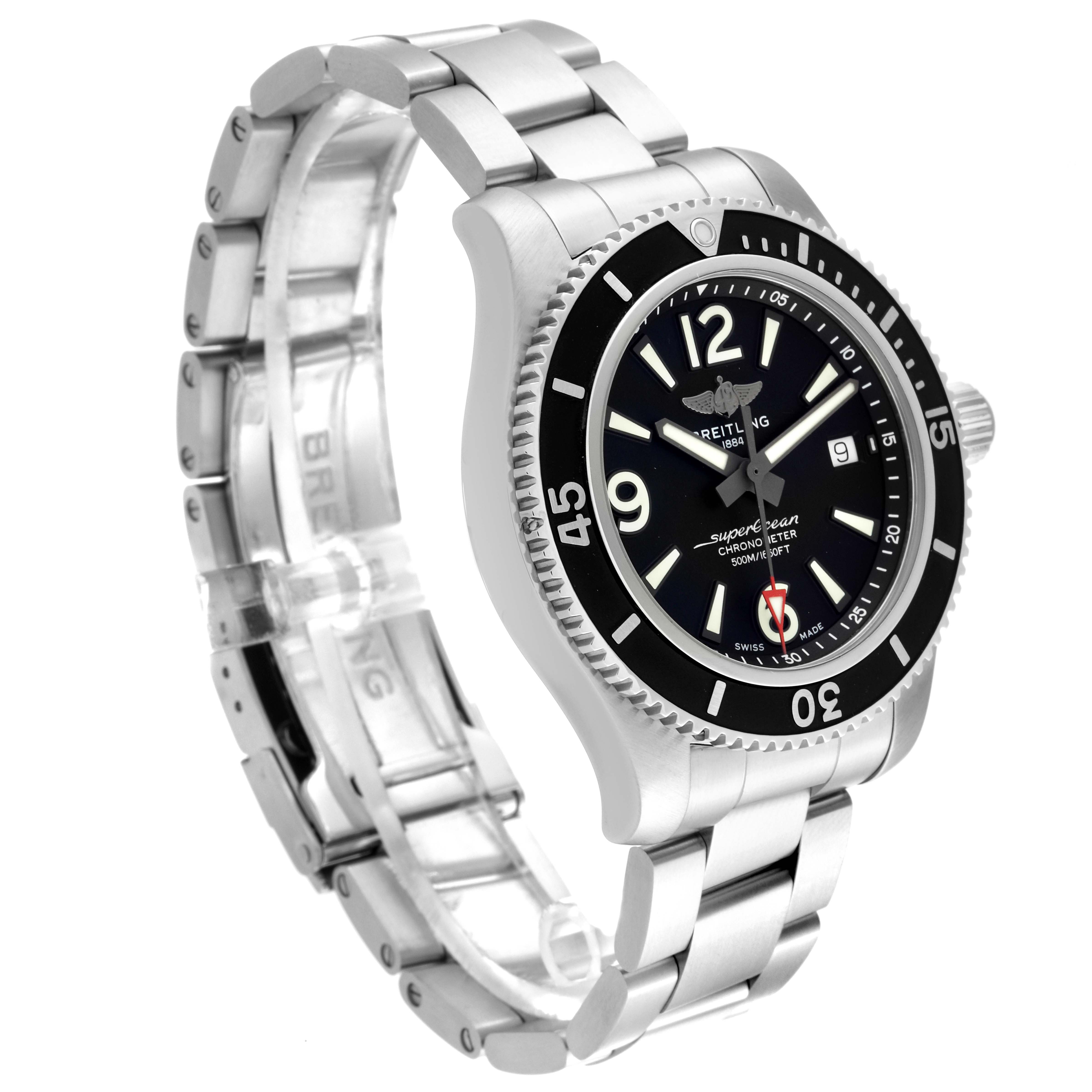 The image shows a side angle of the Breitling Superocean A17366 Men
s Stainless Steel Black Dial A17366 Men
s Stainless Steel Black Dial with a stainless steel band and black dial with luminous markers.
