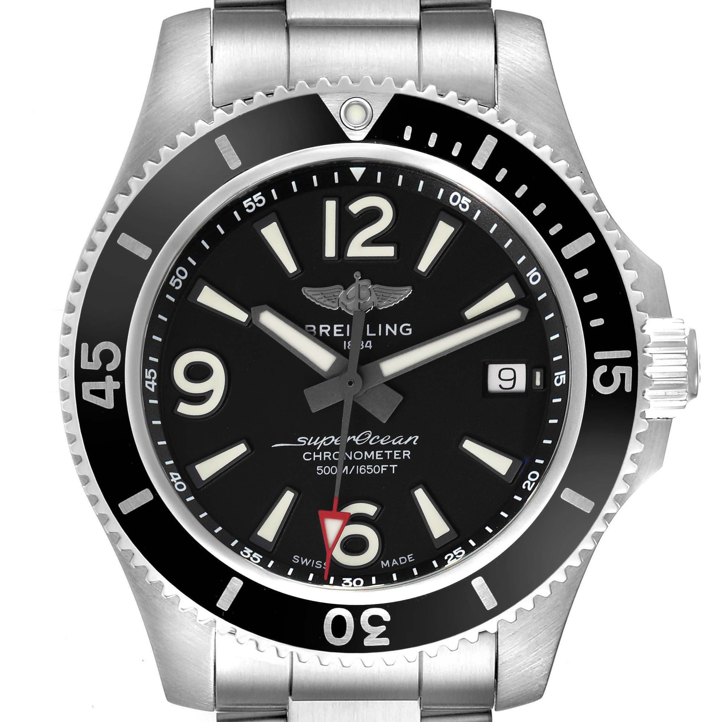This image displays a front view of the Breitling Superocean A17366 Men
s Stainless Steel Black Dial A17366 Men
s Stainless Steel Black Dial watch, showing the face, bezel, and part of the bracelet.