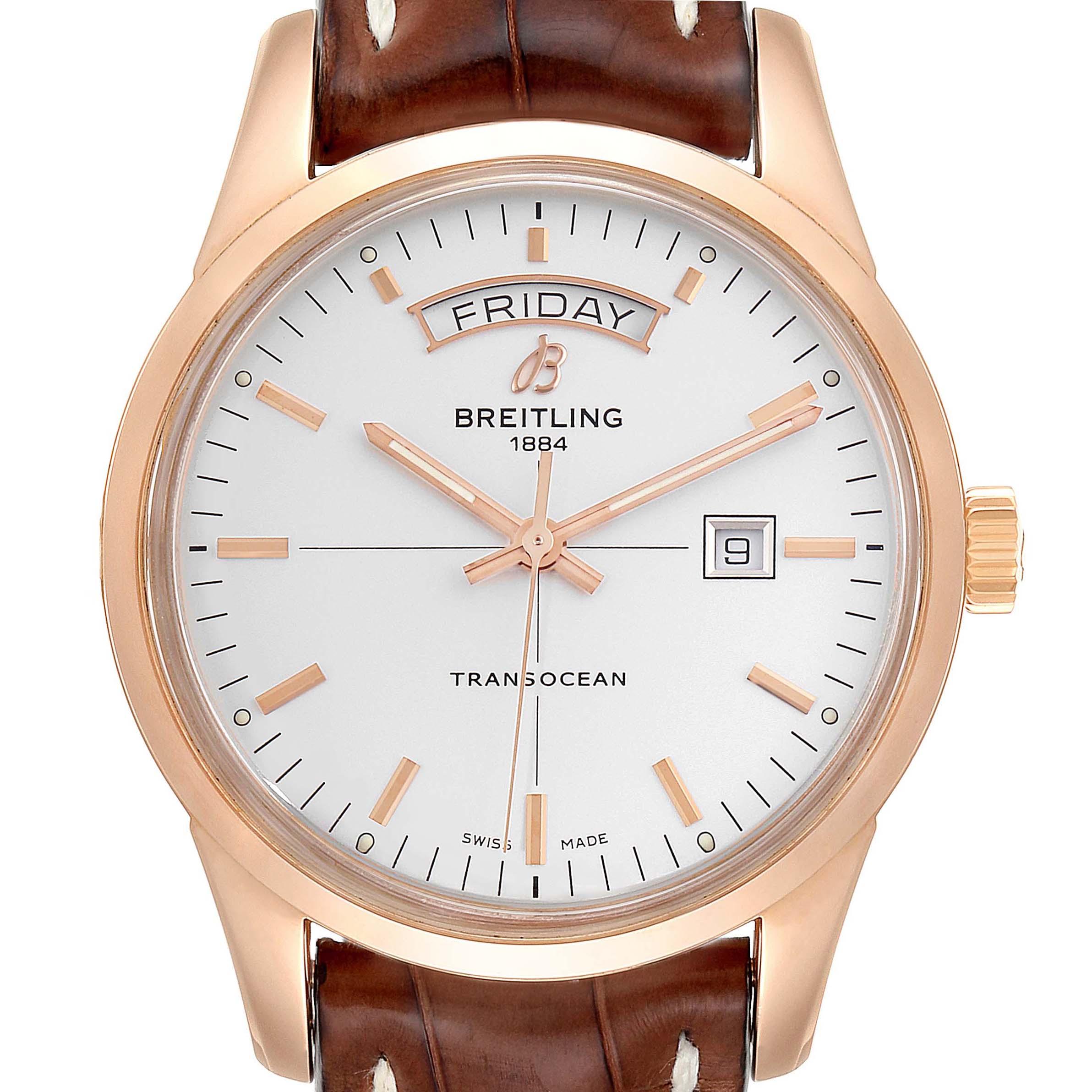 This Breitling Transocean R45310 Men's Rose Gold Silver Dial R45310 Men's Rose Gold Silver Dial model watch is shown from the front, displaying the dial, hands, date window, and leather strap.