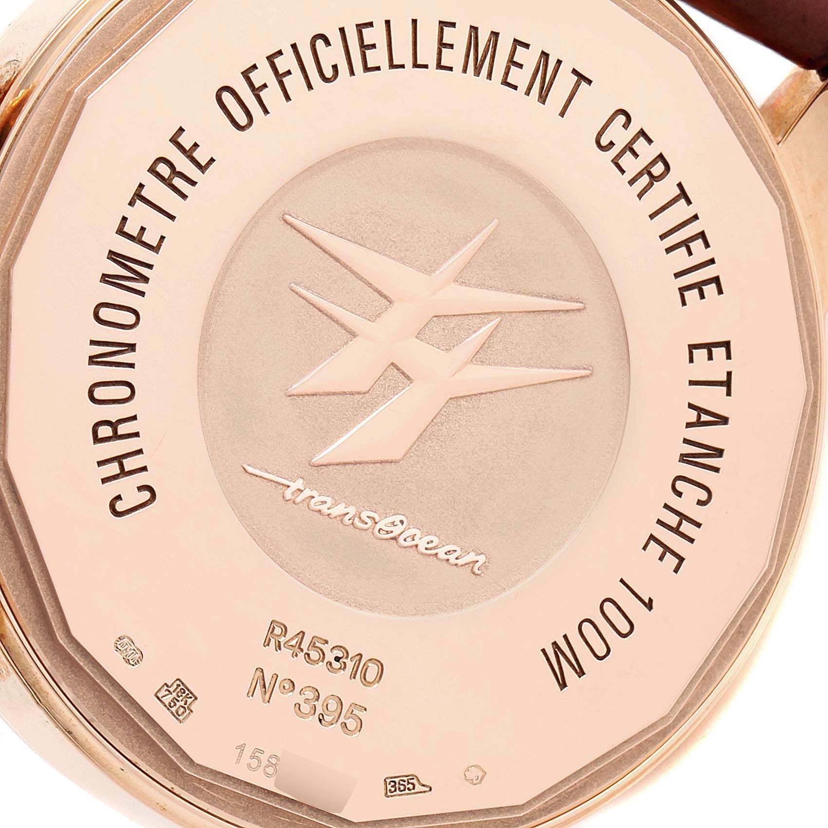 The image shows the case back of a Breitling Transocean R45310 Men's Rose Gold Silver Dial R45310 Men's Rose Gold Silver Dial watch.