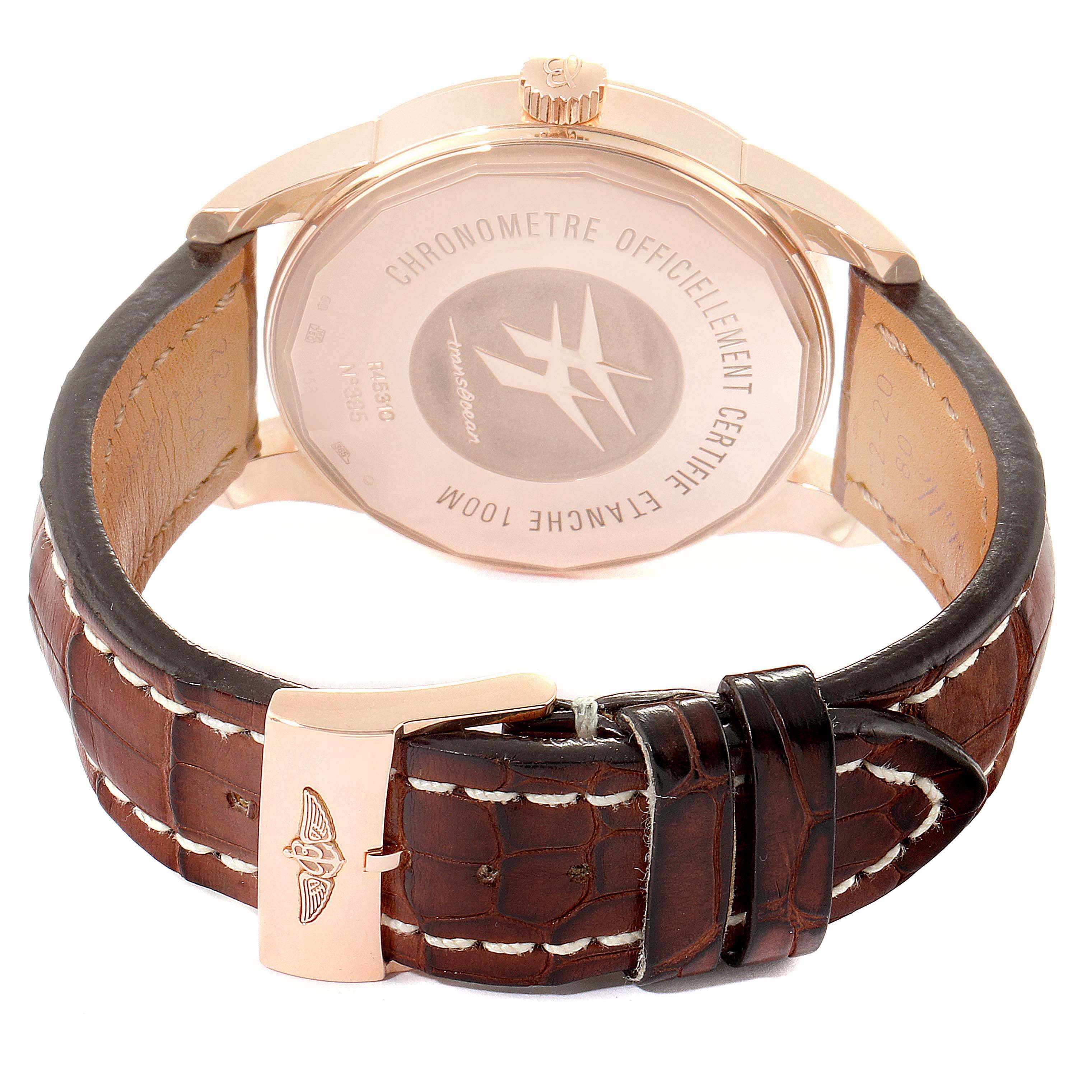 The image shows the back of the Breitling Transocean R45310 Men's Rose Gold Silver Dial R45310 Men's Rose Gold Silver Dial watch, highlighting the case back, crown, and leather strap with a buckle.