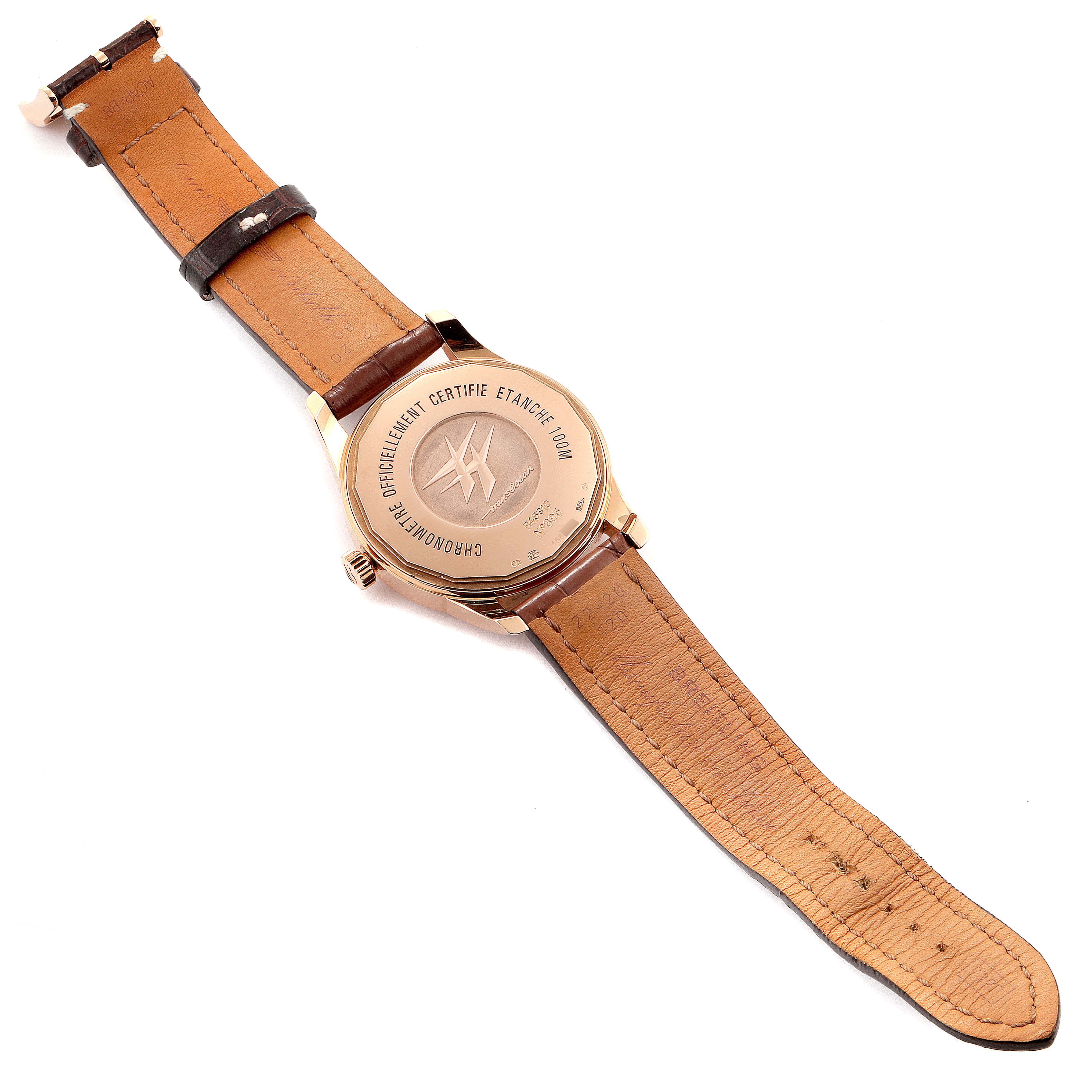 The image shows the back case and leather strap of a Breitling Transocean R45310 Men's Rose Gold Silver Dial R45310 Men's Rose Gold Silver Dial watch, presented flat.