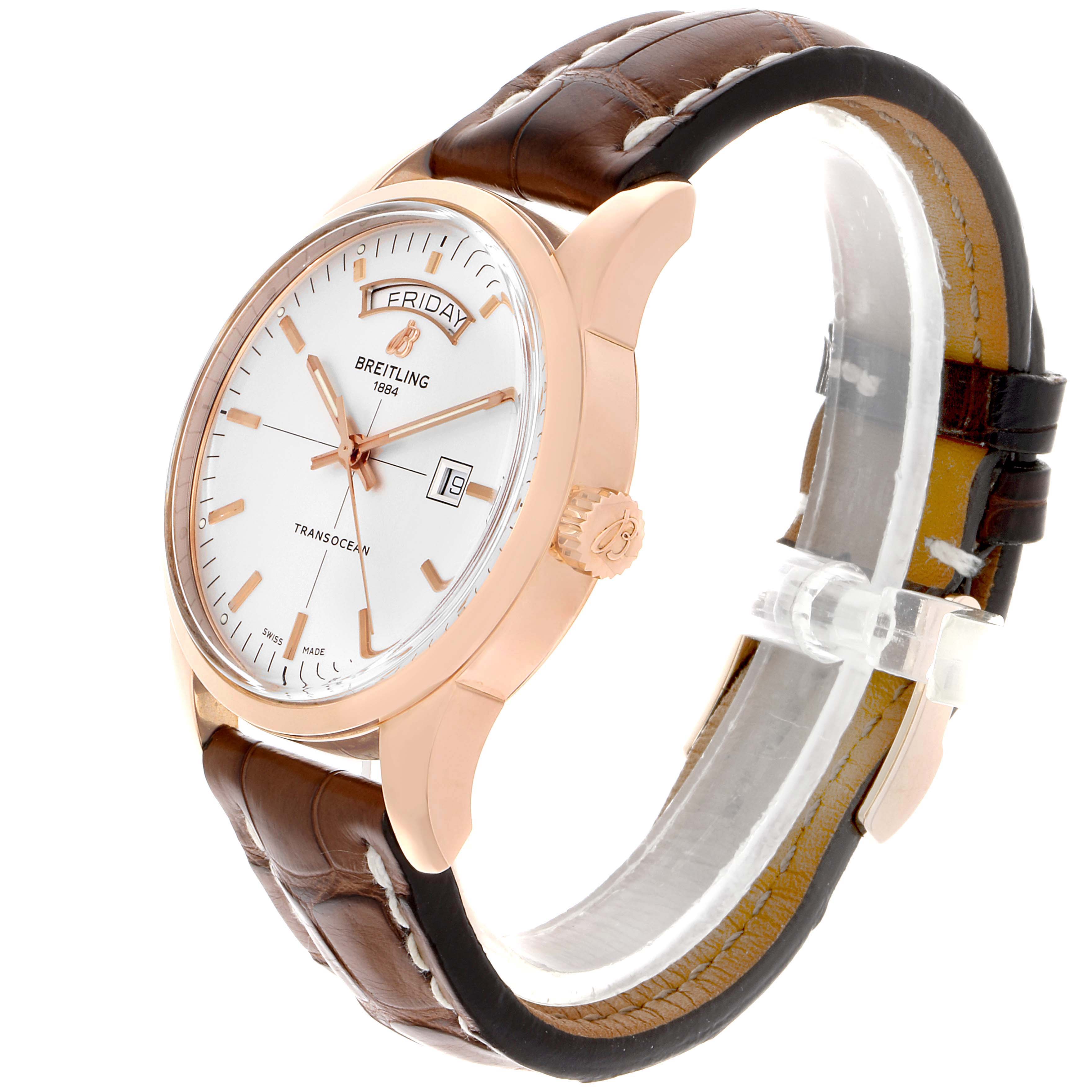 The image shows a side and front angle of a Breitling Transocean R45310 Men's Rose Gold Silver Dial R45310 Men's Rose Gold Silver Dial watch, focusing on the dial, hands, crown, and leather strap.