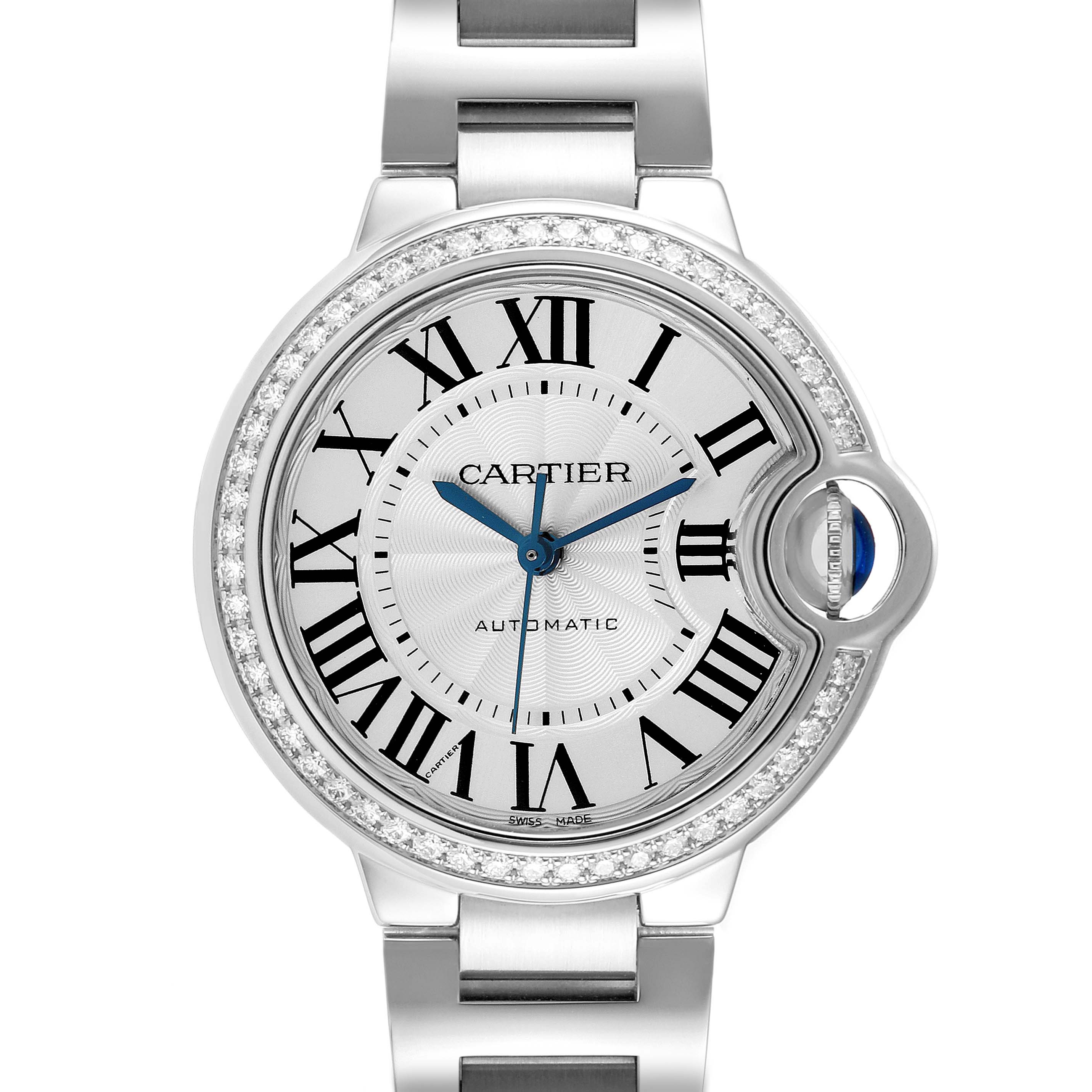 The image shows a frontal view of the Cartier Ballon Bleu W4BB0016 Women's Stainless Steel Silver Dial W4BB0016 Women's Stainless Steel Silver Dial watch, focusing on the dial, case, and bracelet.