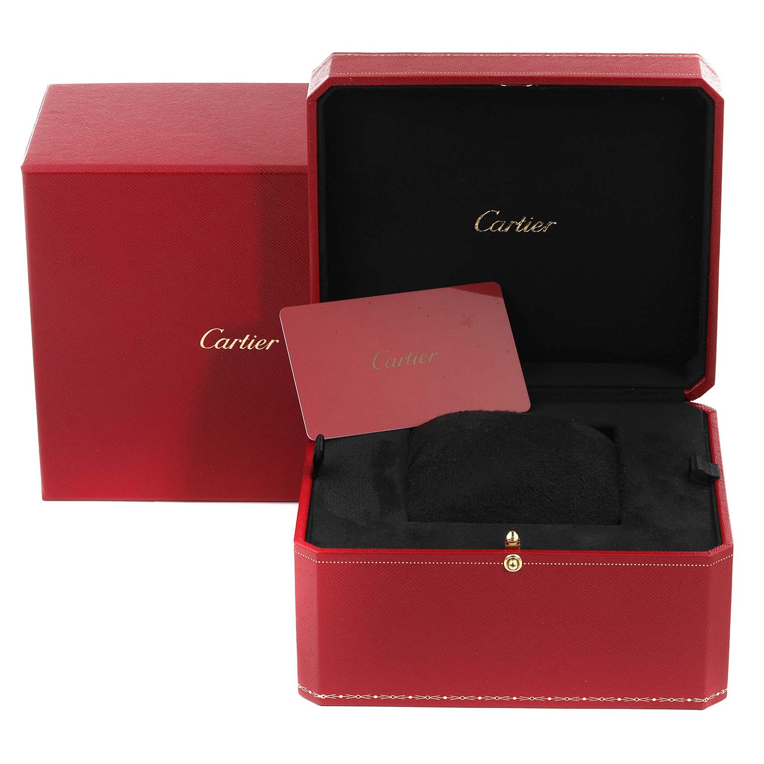 The image shows the open presentation box and accompanying card for the Ballon Bleu model by Cartier.