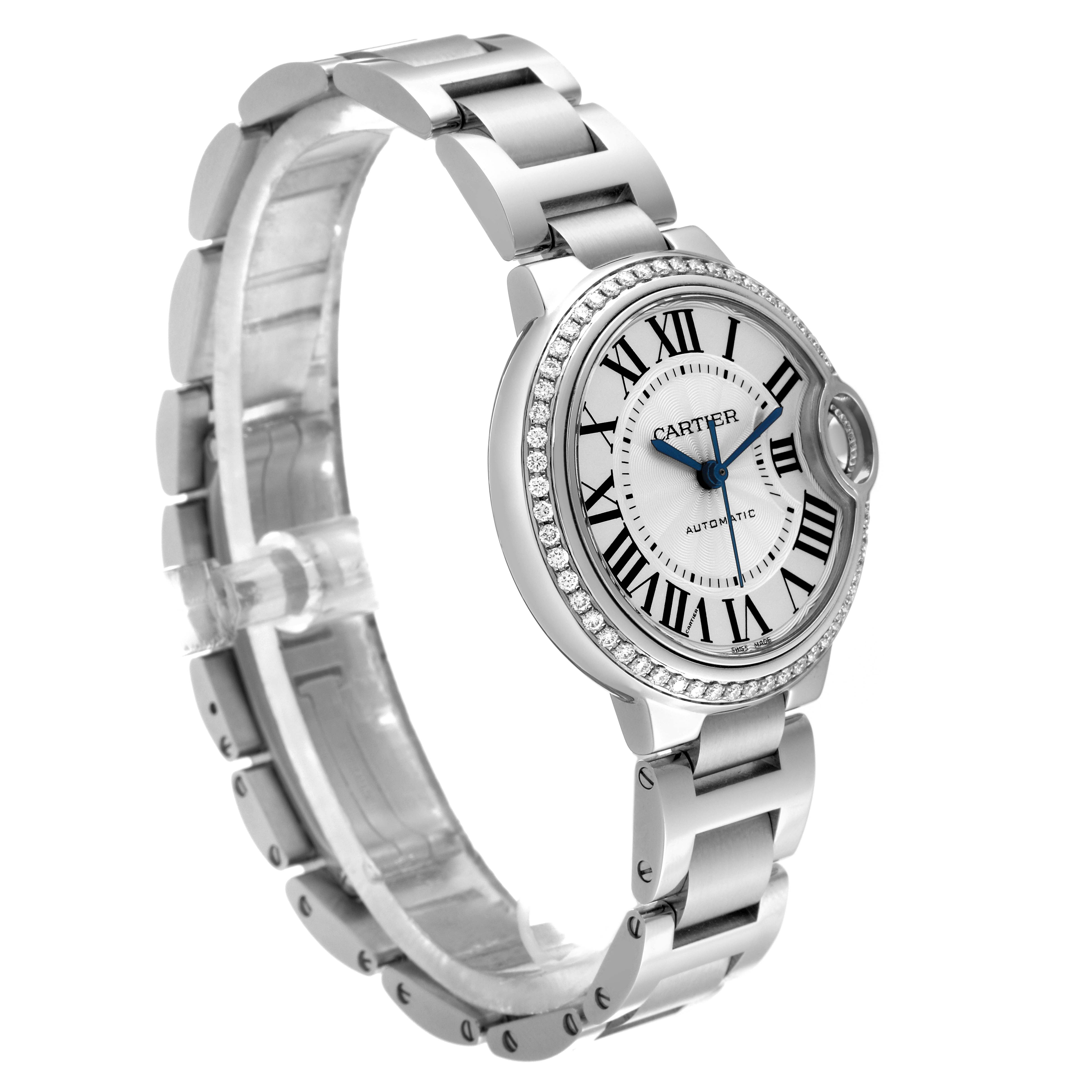 The Cartier Ballon Bleu W4BB0016 Women's Stainless Steel Silver Dial W4BB0016 Women's Stainless Steel Silver Dial watch is shown at an oblique angle, highlighting the bracelet, case, and dial with Roman numerals and blue hands.
