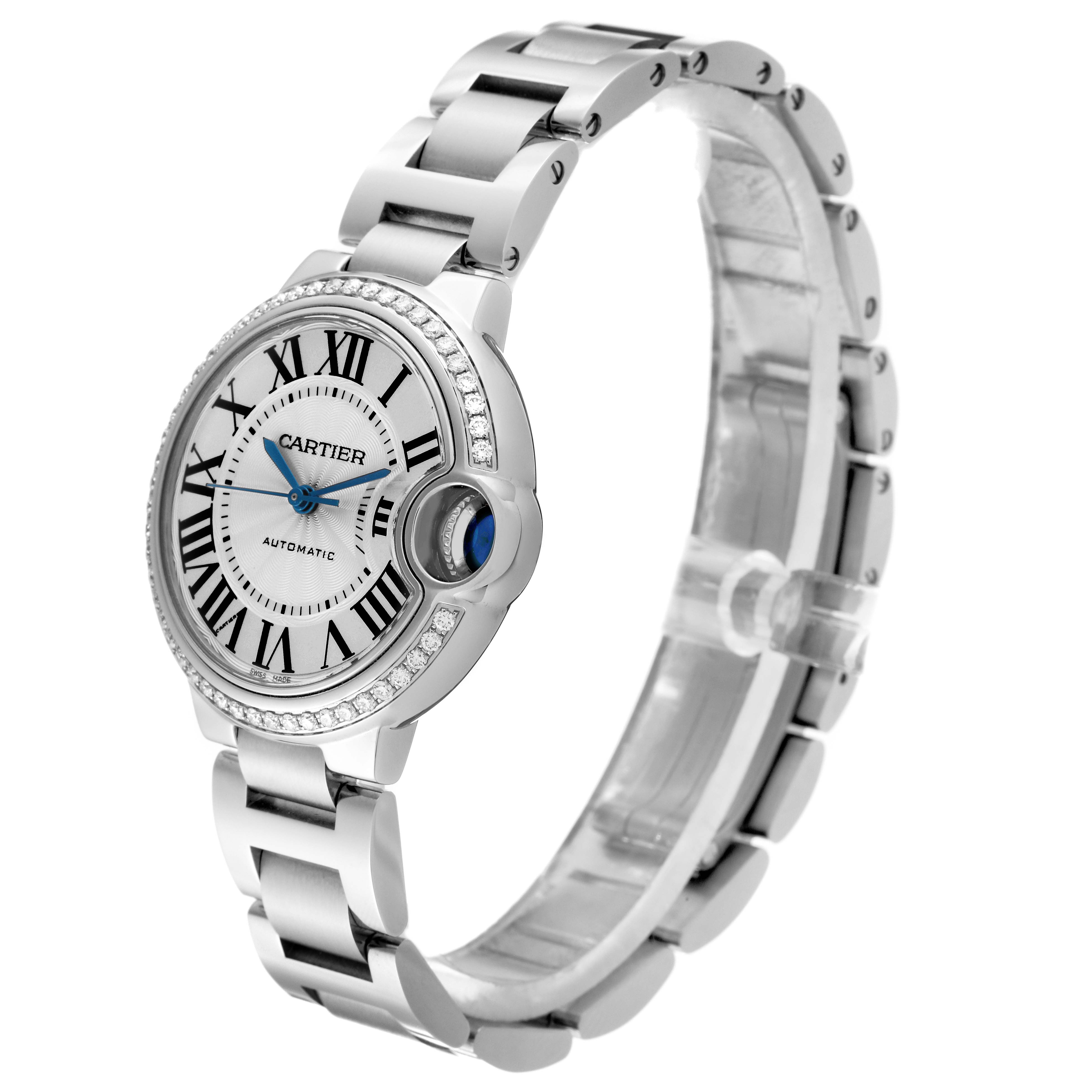 This image shows a side angle view of the Cartier Ballon Bleu W4BB0016 Women's Stainless Steel Silver Dial W4BB0016 Women's Stainless Steel Silver Dial watch, highlighting the dial, bracelet, and crown.