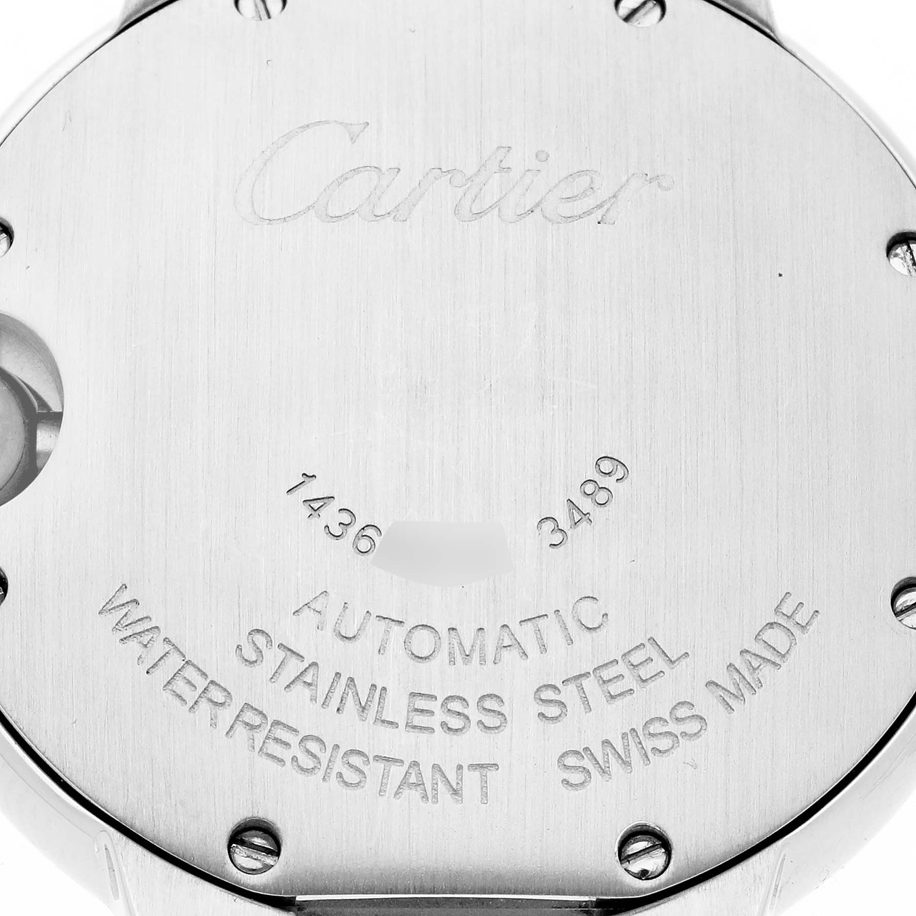 This image shows the back casing of a Cartier Ballon Bleu W4BB0016 Women's Stainless Steel Silver Dial W4BB0016 Women's Stainless Steel Silver Dial watch, displaying the brand name and specifications.