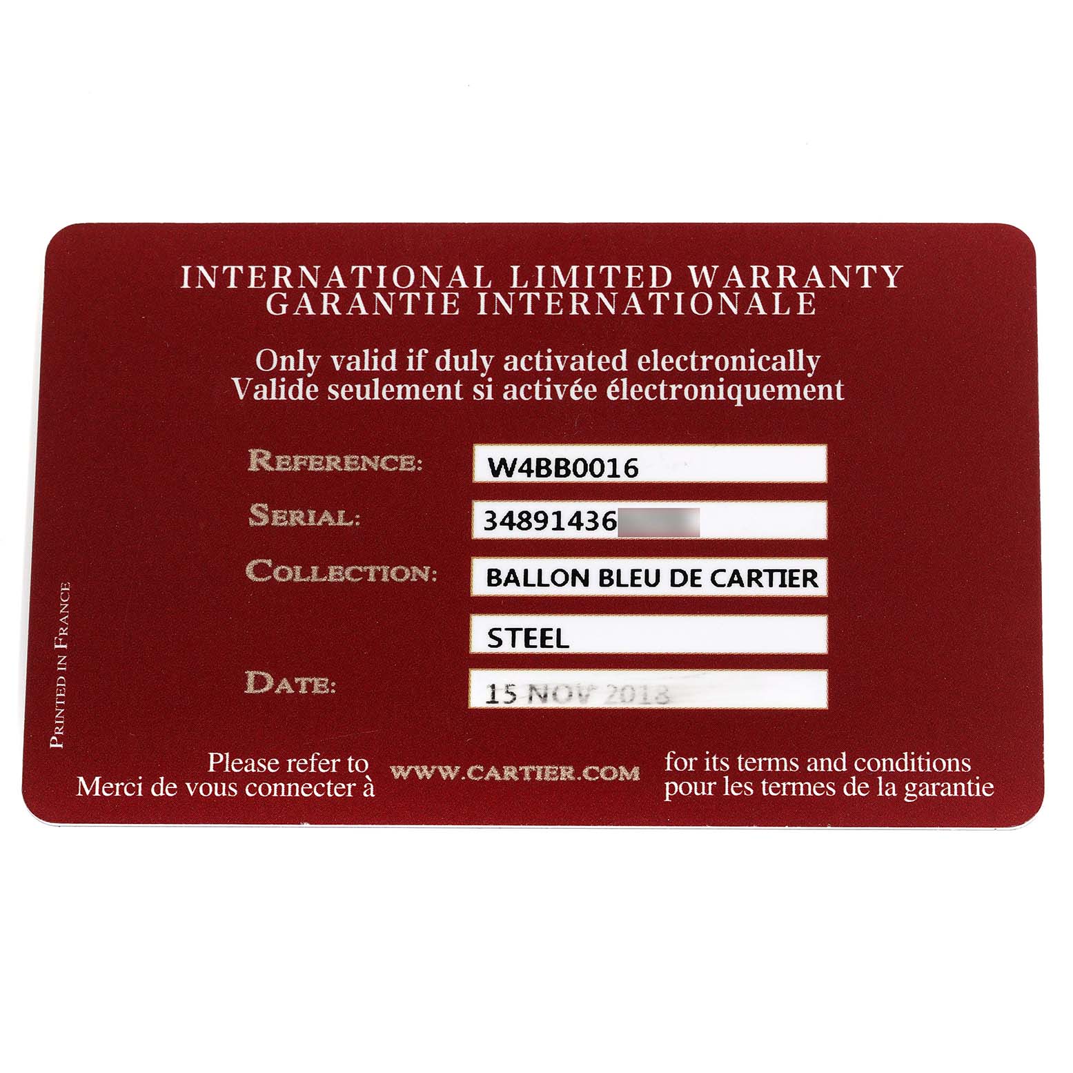 This image shows the international limited warranty card for the Ballon Bleu de Cartier watch, listing its reference, serial, and collection details.