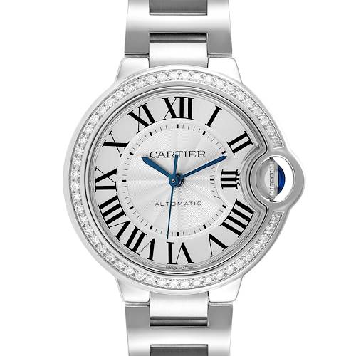 The image shows a front view of the Cartier Ballon Bleu model watch, highlighting the dial, hands, and metal bracelet.