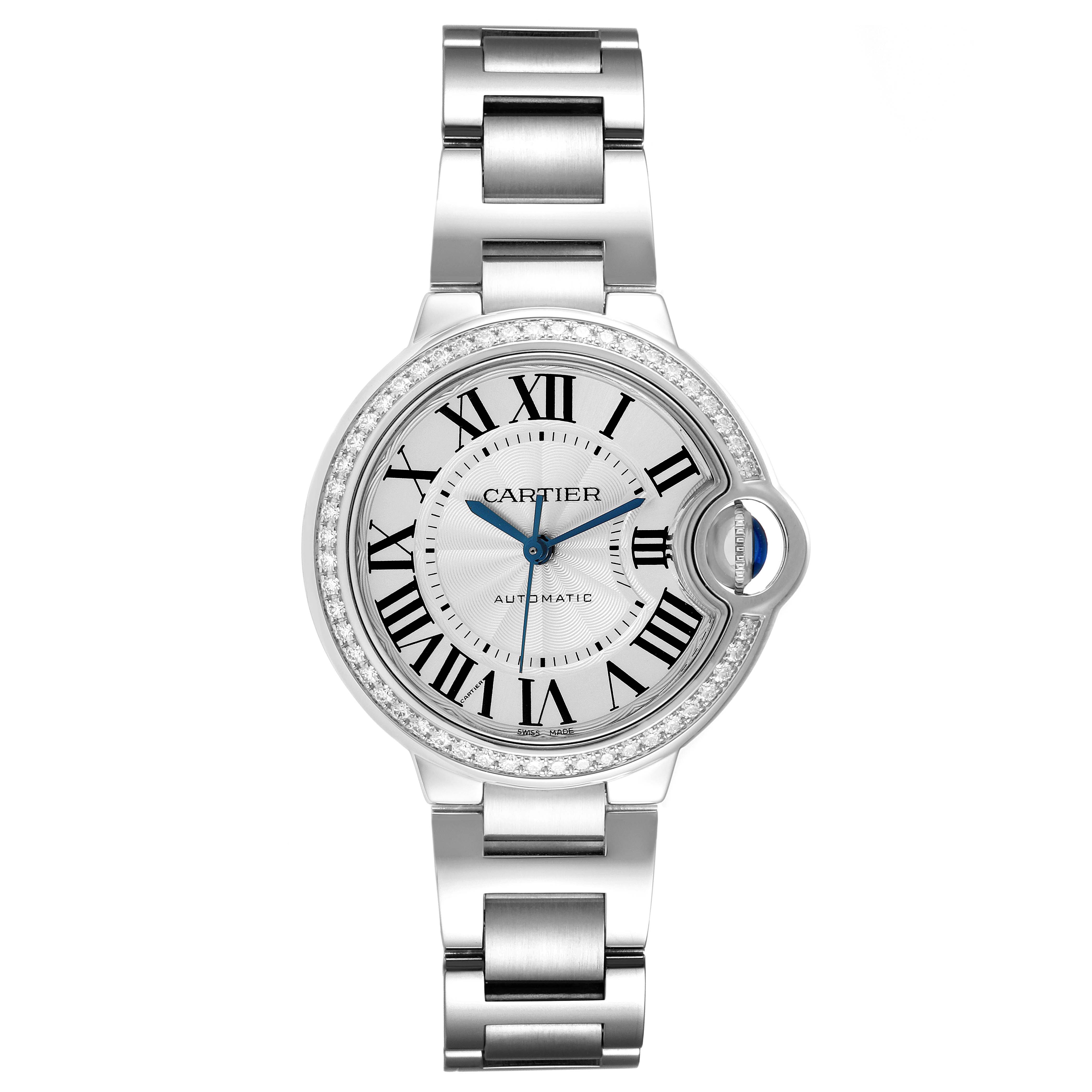 The image shows a front view of a Cartier Ballon Bleu W4BB0016 Women's Stainless Steel Silver Dial W4BB0016 Women's Stainless Steel Silver Dial watch, highlighting its stainless steel bracelet and Roman numeral dial.