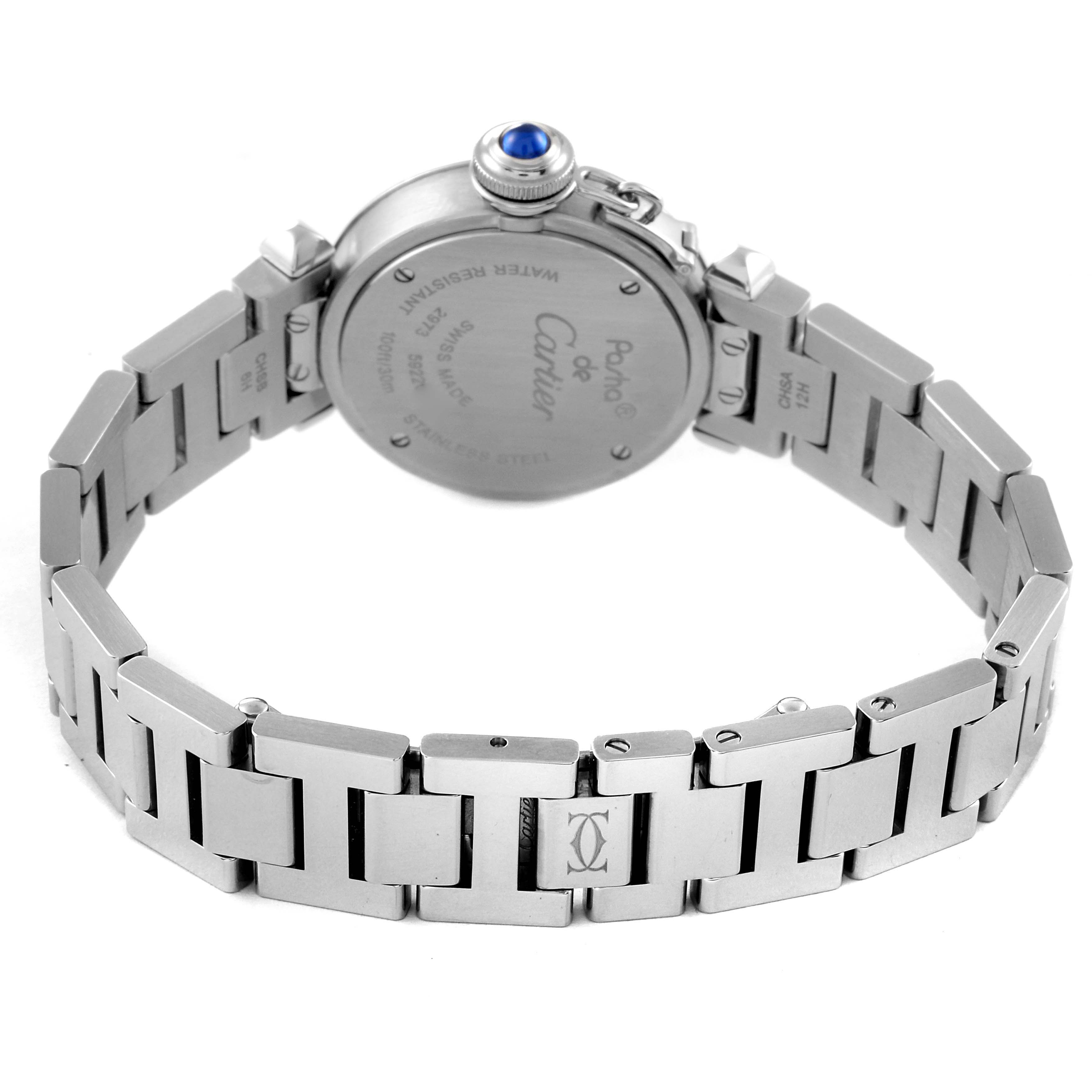 The image shows the back of a Cartier Pasha W3140007 Women's Stainless Steel Silver Dial W3140007 Women's Stainless Steel Silver Dial watch, highlighting its clasp and case details.