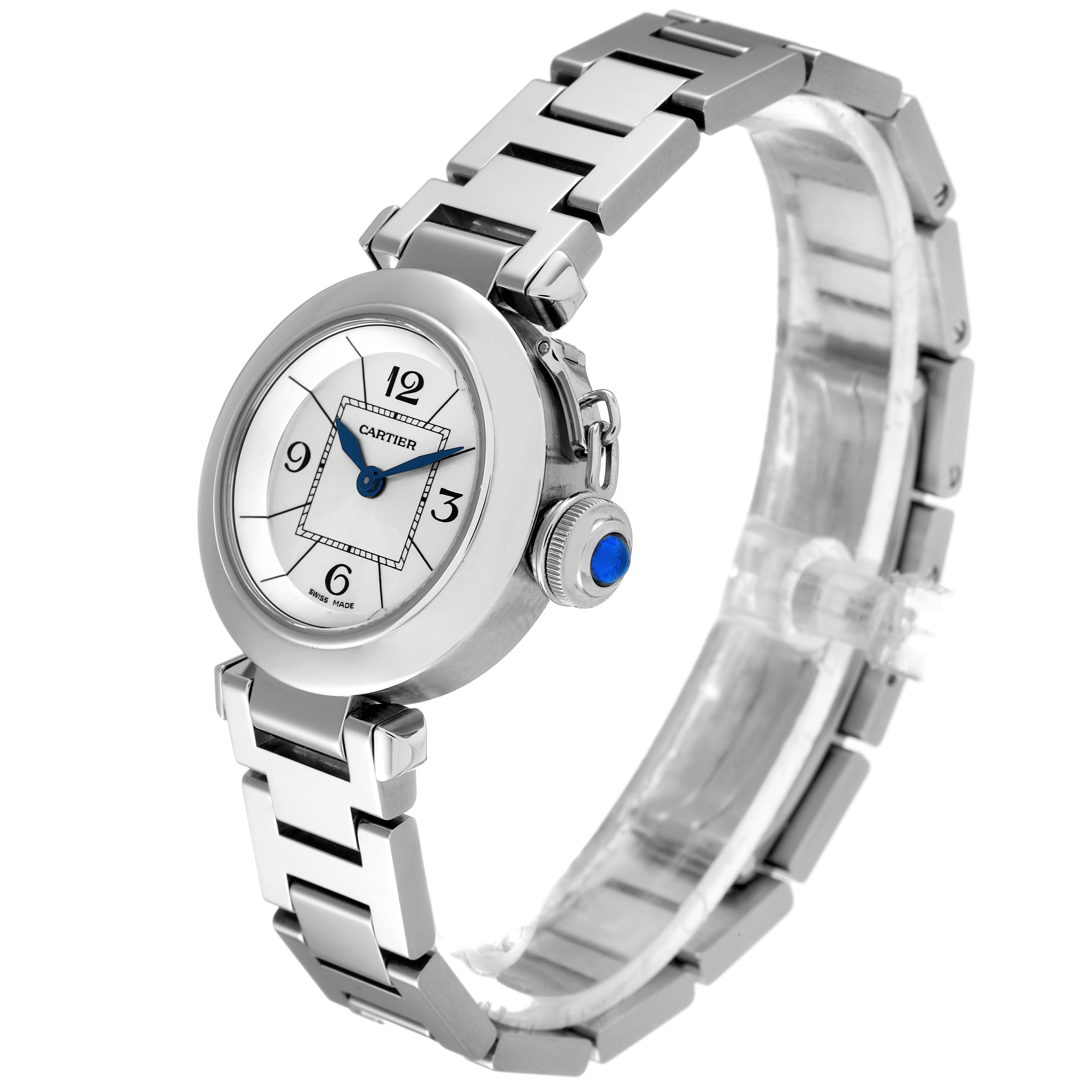 The image shows a Cartier Pasha W3140007 Women's Stainless Steel Silver Dial W3140007 Women's Stainless Steel Silver Dial watch angled to display the face, crown, and metal bracelet.