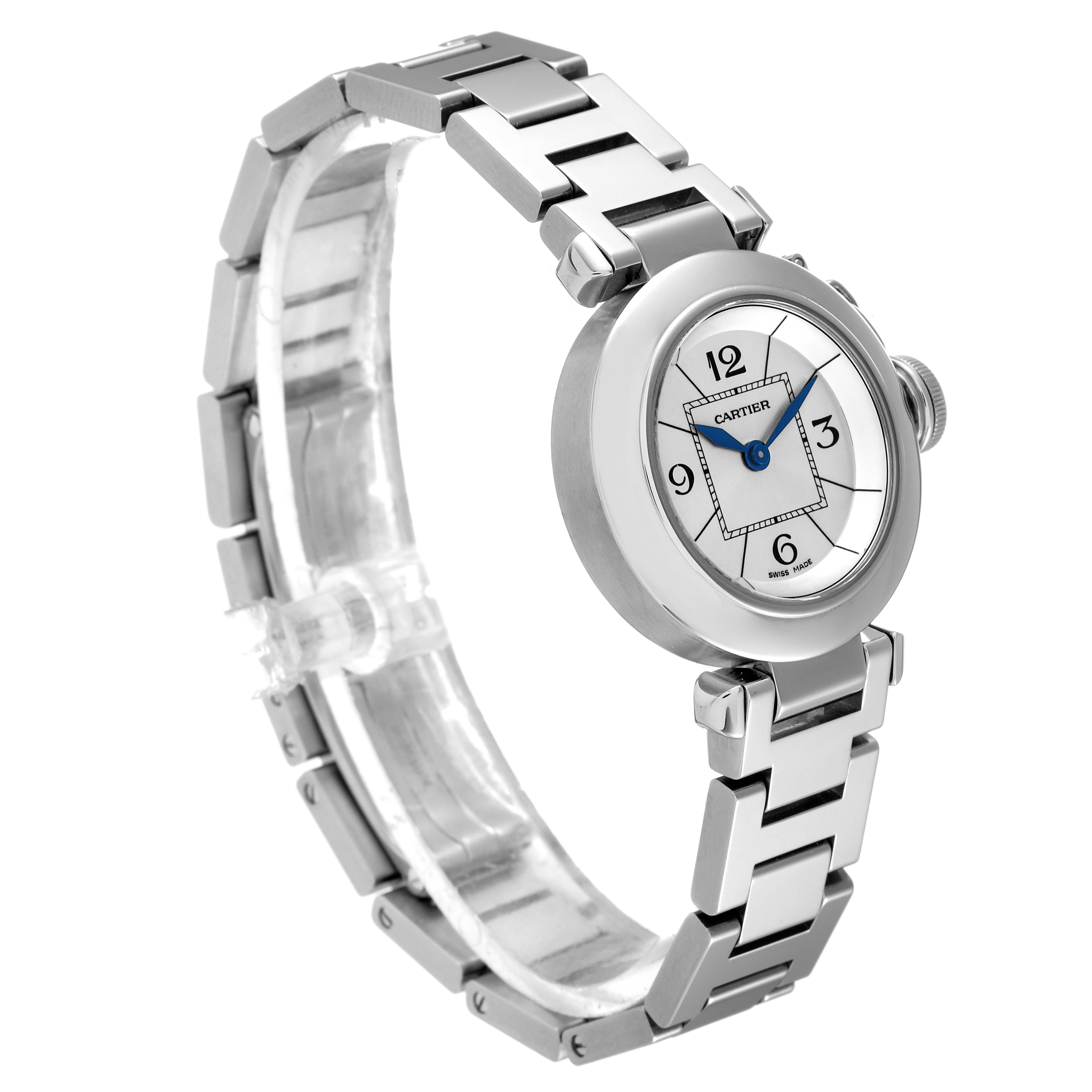 The image shows a side view of the Cartier Pasha W3140007 Women's Stainless Steel Silver Dial W3140007 Women's Stainless Steel Silver Dial watch, highlighting its round face, metal bracelet, and crown.