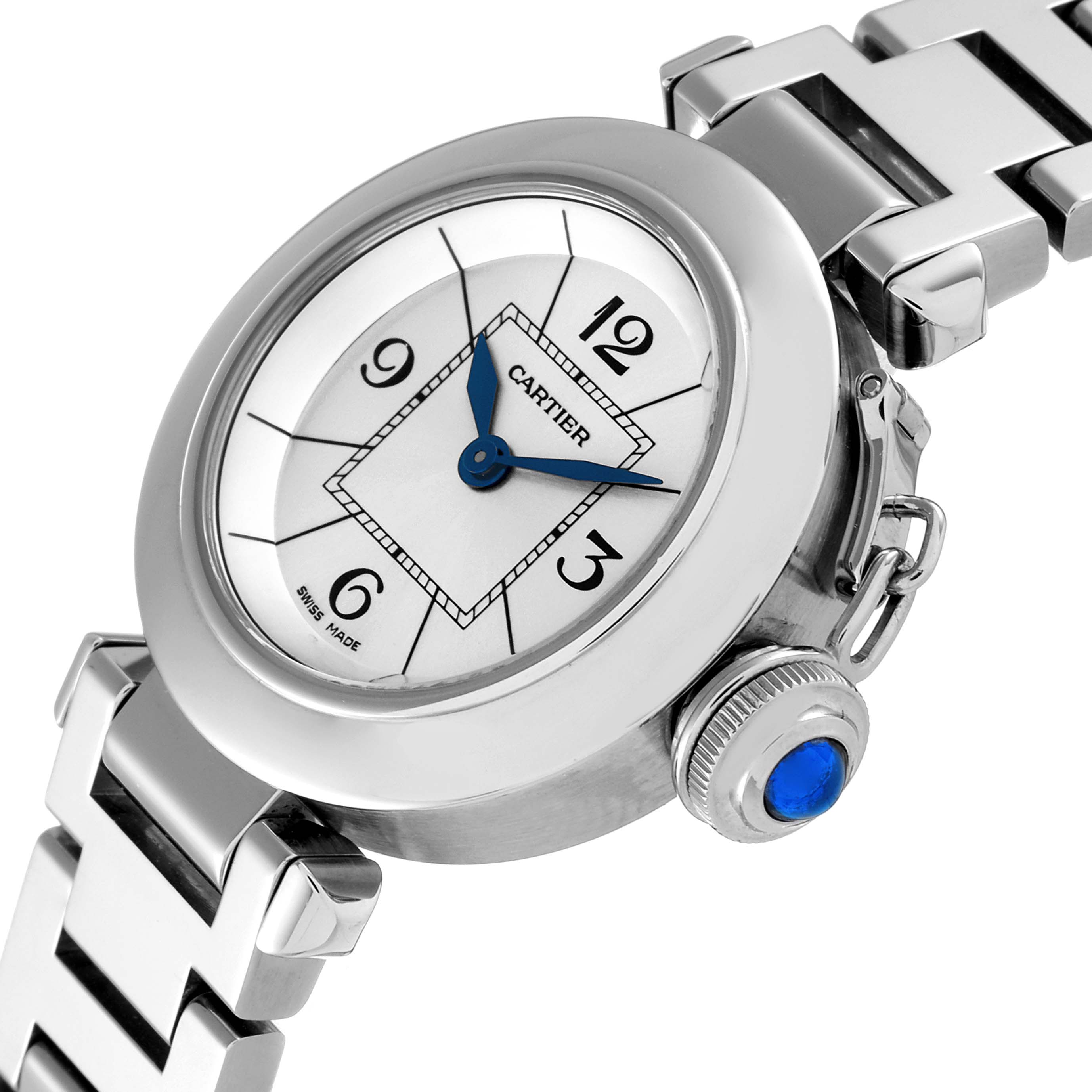 This image shows a close-up angle of the Cartier Pasha W3140007 Women's Stainless Steel Silver Dial W3140007 Women's Stainless Steel Silver Dial watch face, crown, and part of the stainless steel bracelet.