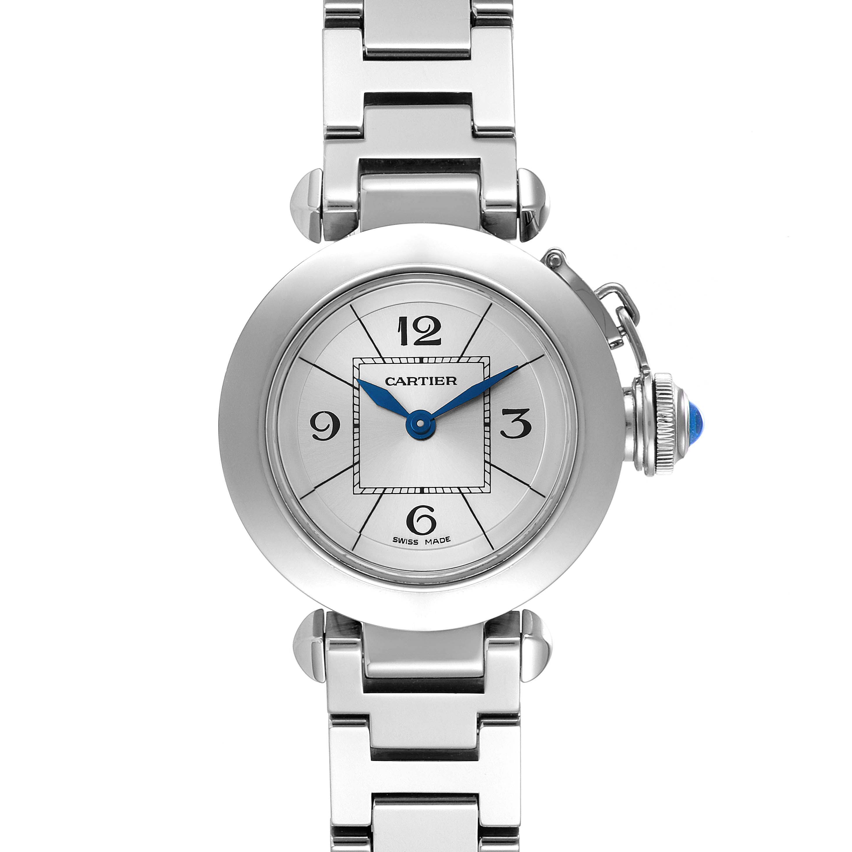 The image shows a front view of a Cartier Pasha W3140007 Women's Stainless Steel Silver Dial W3140007 Women's Stainless Steel Silver Dial model watch, displaying the face and part of the bracelet.