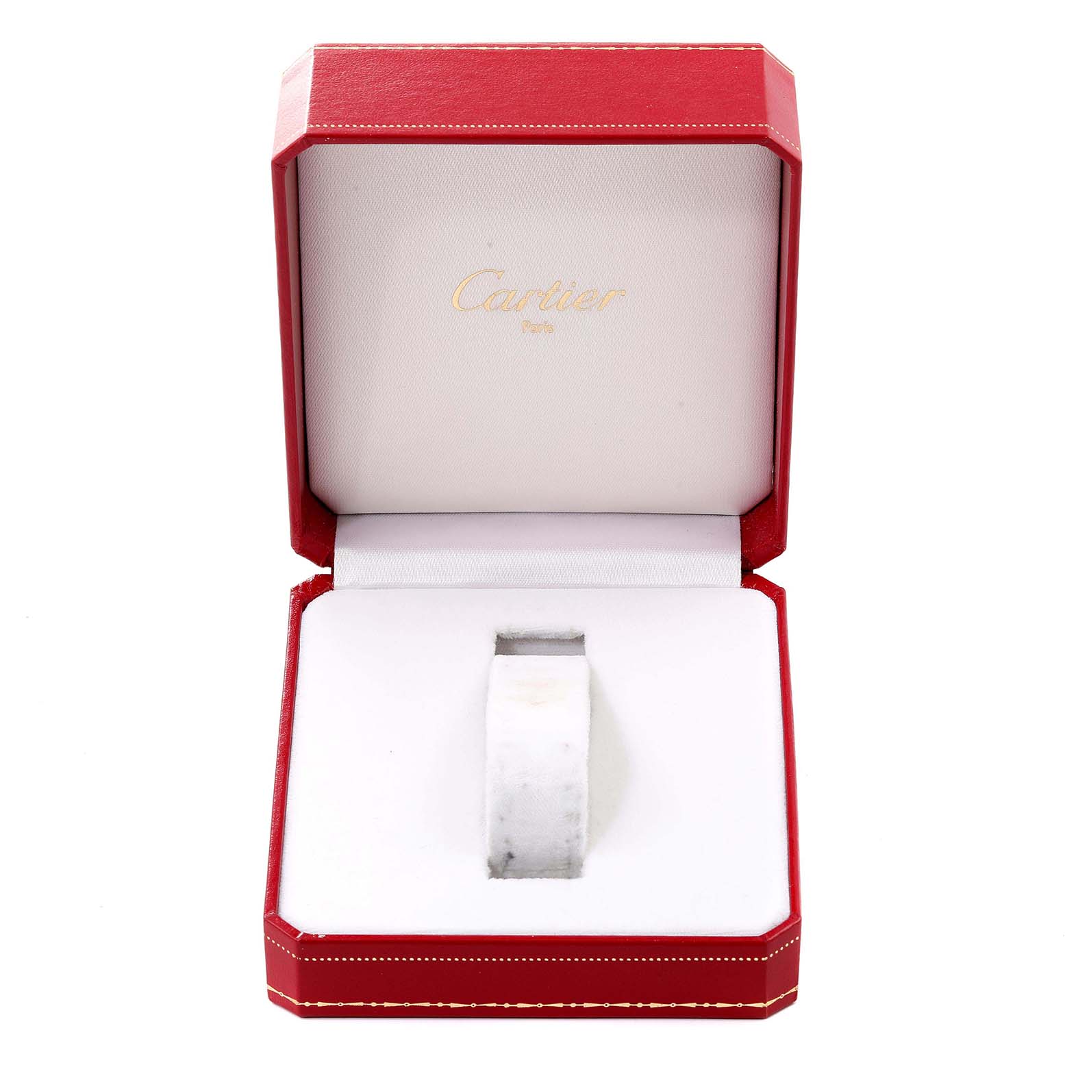 The image shows a Cartier Pasha W3140007 Women's Stainless Steel Silver Dial W3140007 Women's Stainless Steel Silver Dial watch in its red presentation box, viewed from the front.