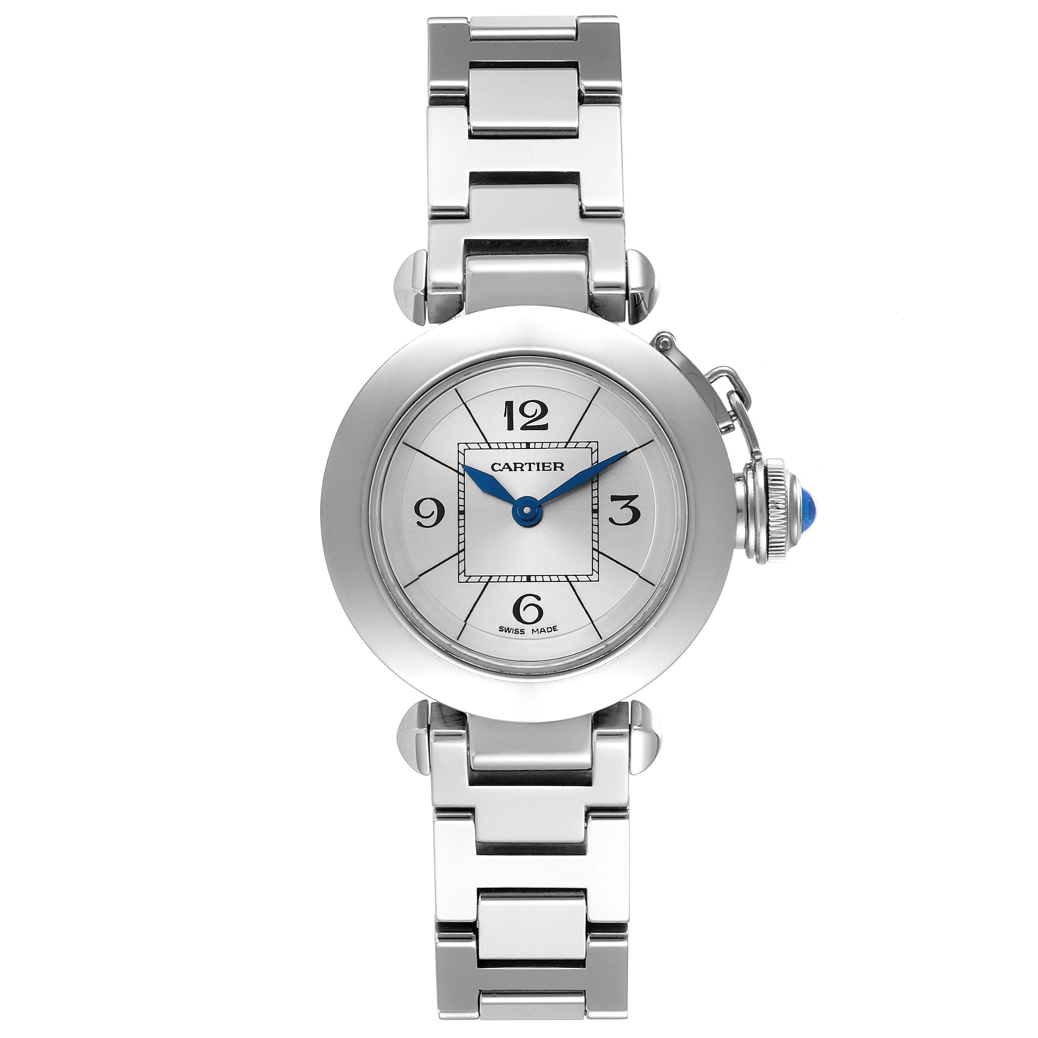This image shows the front view of a Cartier Pasha W3140007 Women's Stainless Steel Silver Dial W3140007 Women's Stainless Steel Silver Dial watch, highlighting the dial, hands, and metal bracelet.