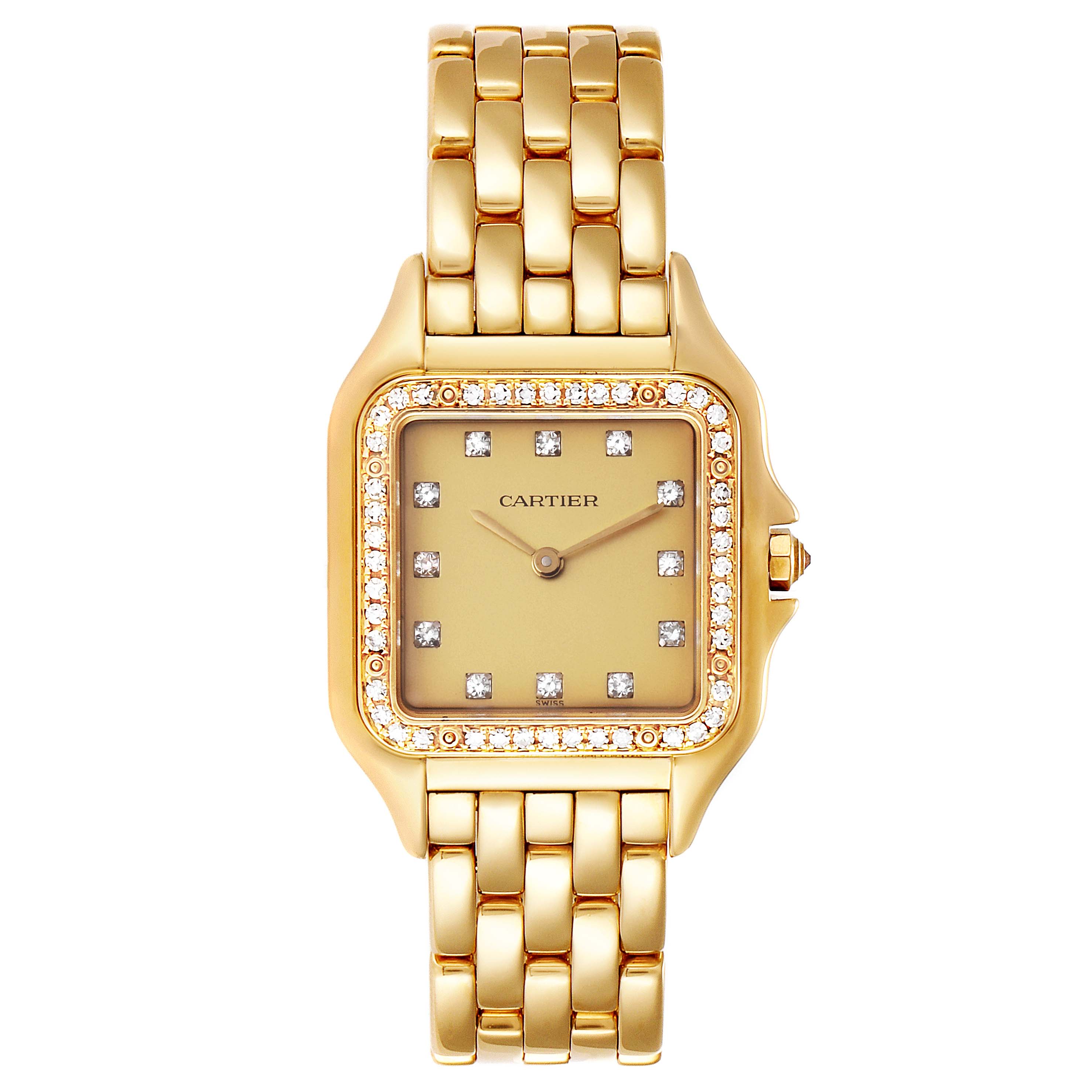 The image shows a frontal view of a Cartier Panthere 883969 Women's Yellow Gold Champagne Dial 883969 Women's Yellow Gold Champagne Dial model watch, highlighting its gold bracelet and diamond-studded bezel.