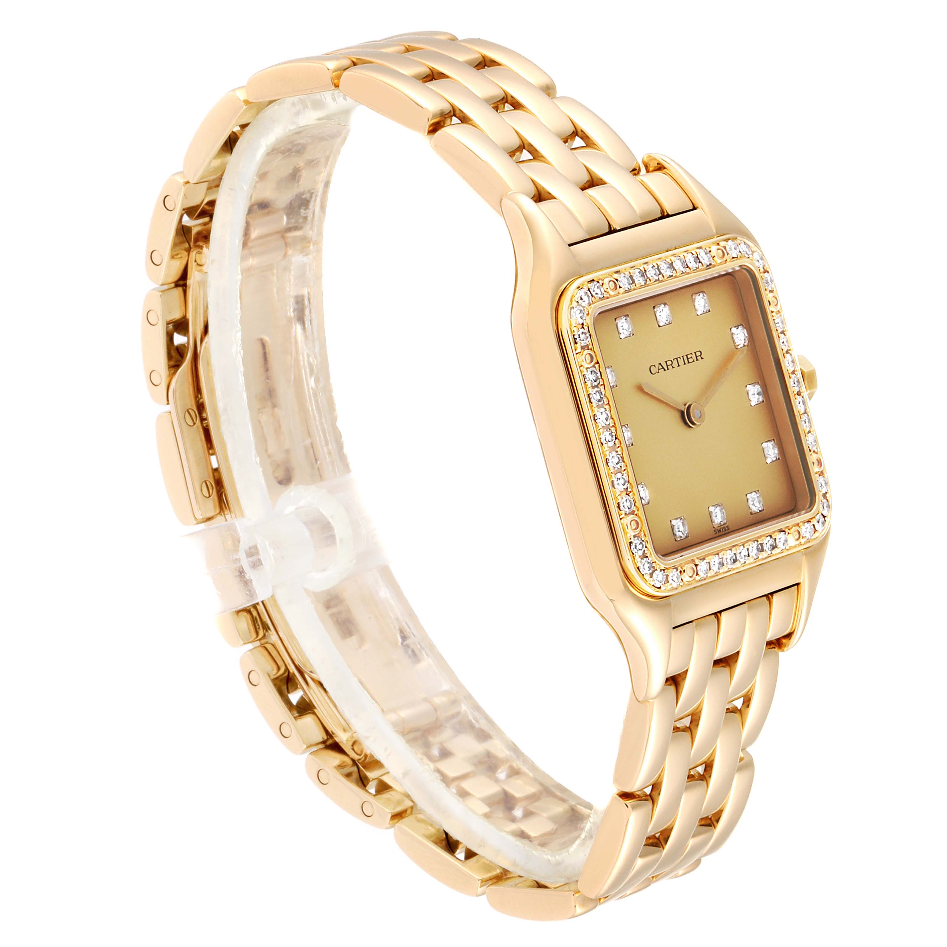 The image shows a side angle of the Cartier Panthere 883969 Women's Yellow Gold Champagne Dial 883969 Women's Yellow Gold Champagne Dial watch, highlighting its gold bracelet and diamond-studded rectangular face.
