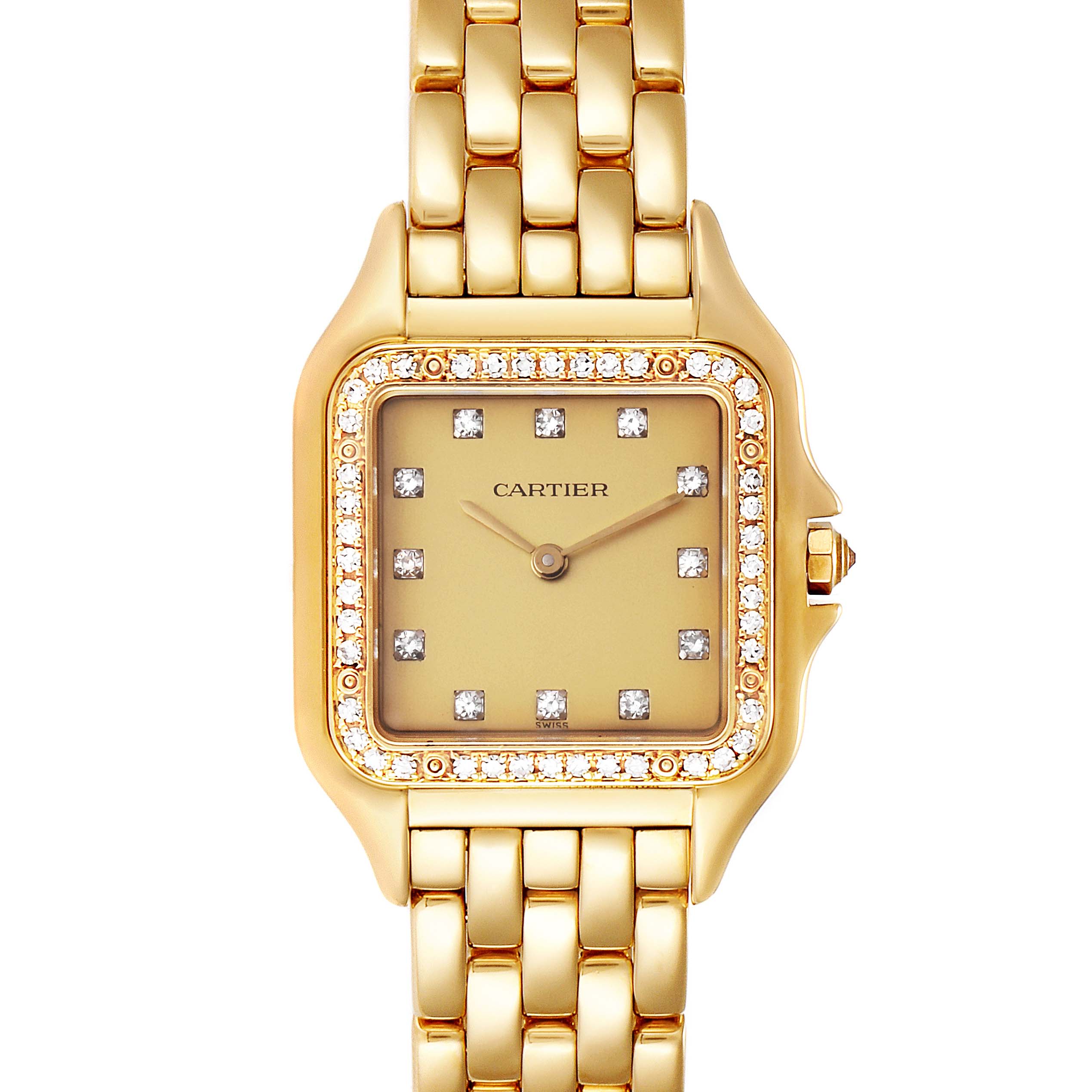 The image shows a front view of a Cartier Panthere 883969 Women's Yellow Gold Champagne Dial 883969 Women's Yellow Gold Champagne Dial watch, highlighting its gold case, diamond bezel, and gold bracelet.