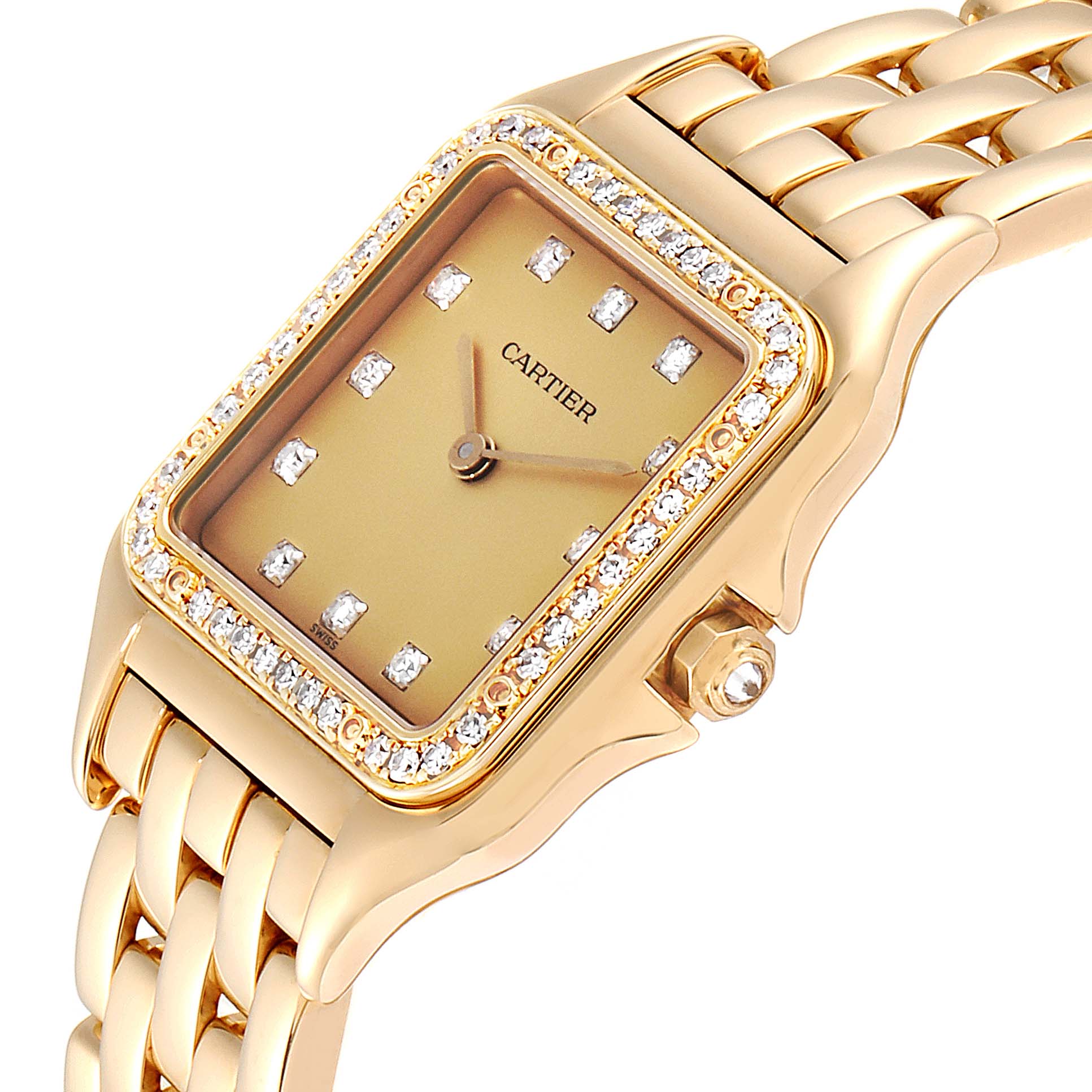 The Cartier Panthere 883969 Women's Yellow Gold Champagne Dial 883969 Women's Yellow Gold Champagne Dial watch is shown at an angled close-up, highlighting its gold face, diamond bezel, and bracelet links.