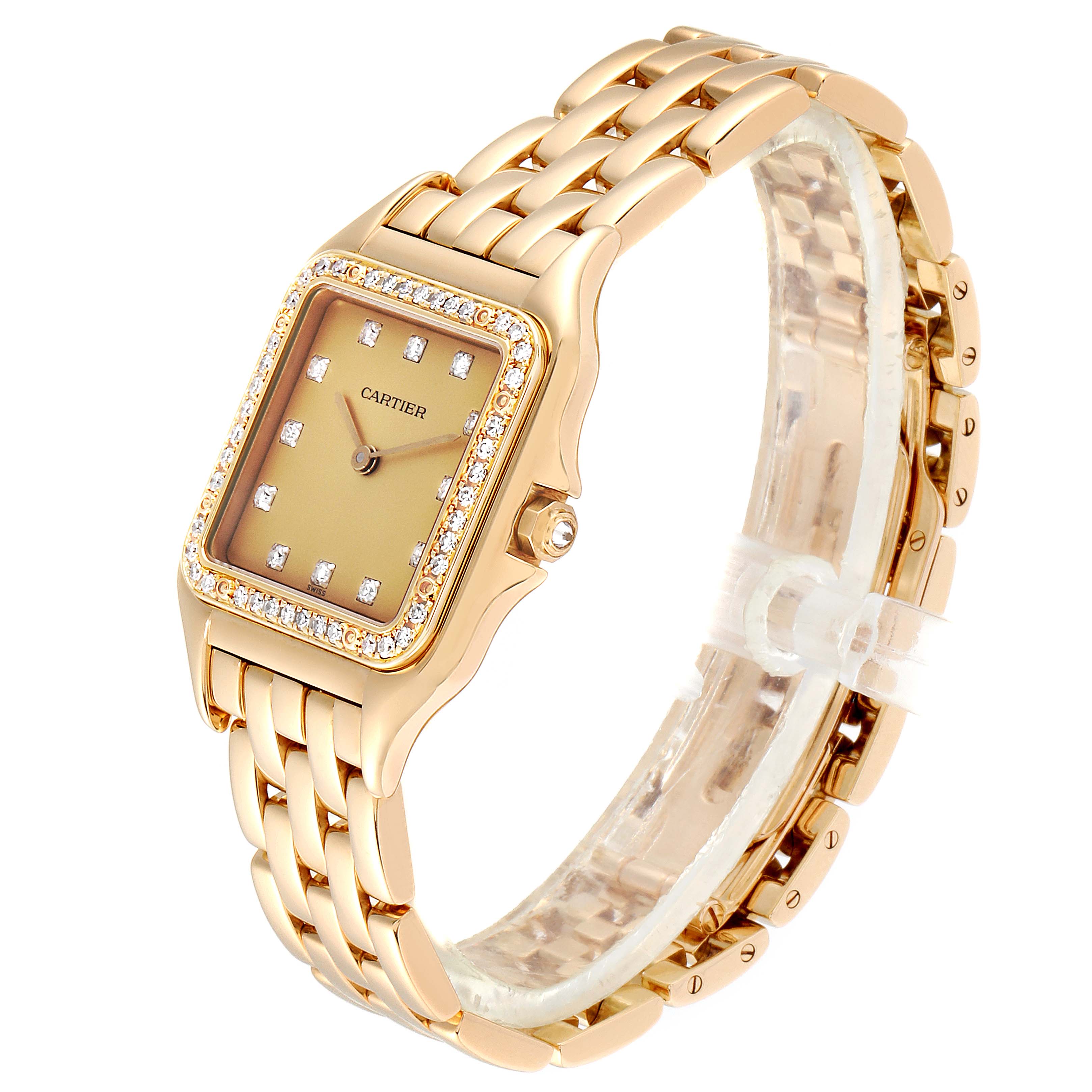 The image shows a Cartier Panthere 883969 Women's Yellow Gold Champagne Dial 883969 Women's Yellow Gold Champagne Dial model watch from an angled side view, highlighting the face, case, and bracelet.