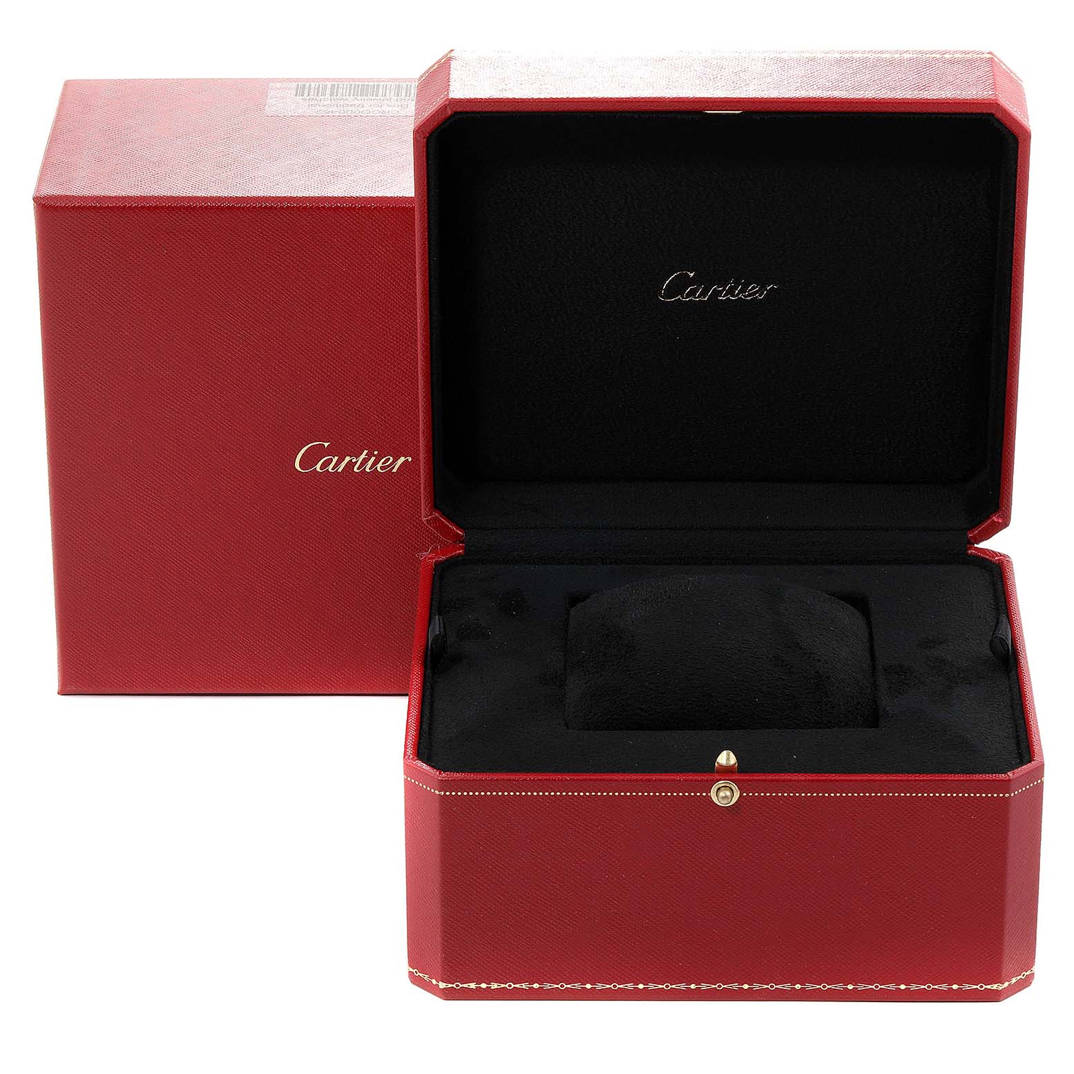 The image shows an open red Cartier box for the Panthère watch model, featuring the brand name inside.