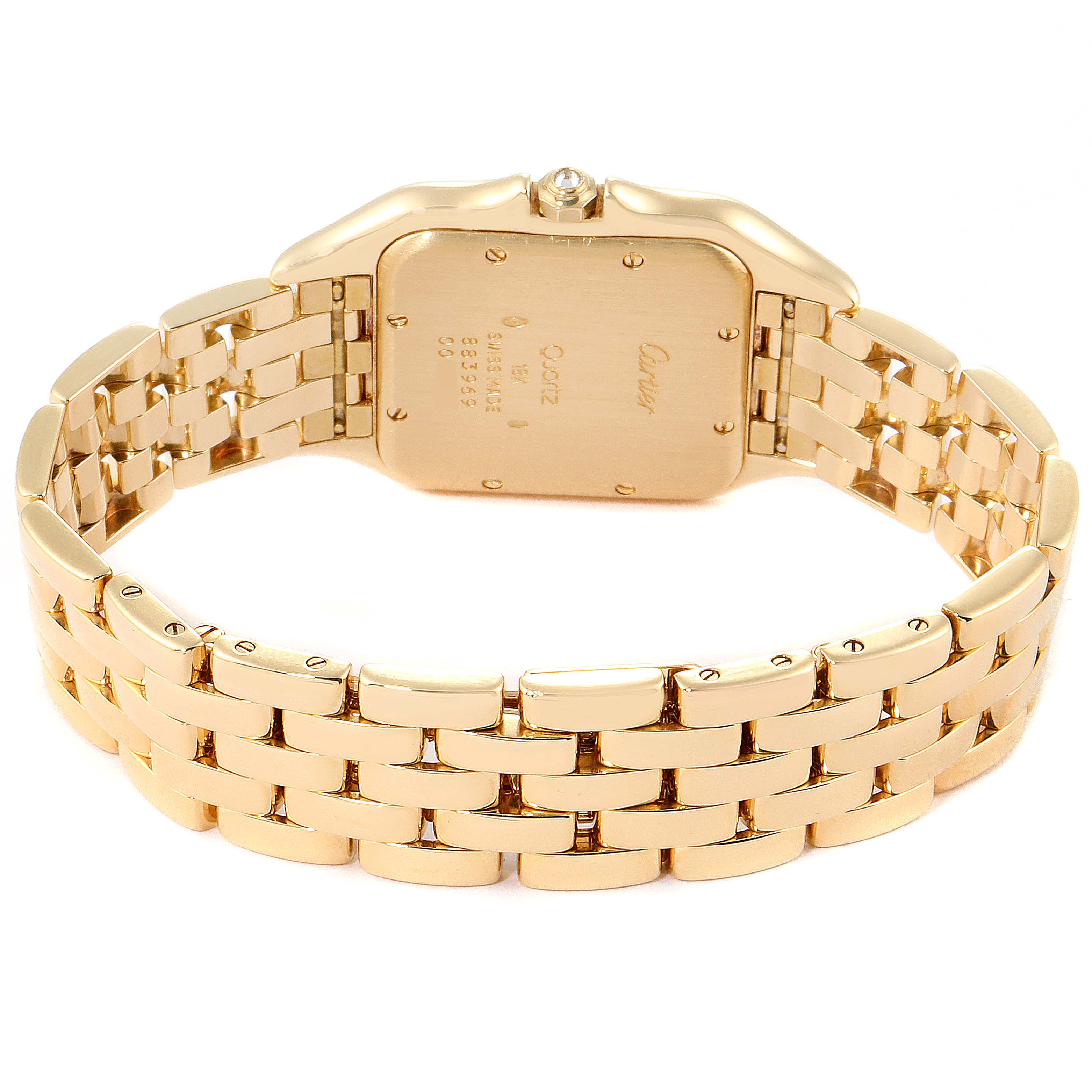 The image shows the back view of a Cartier Panthere 883969 Women's Yellow Gold Champagne Dial 883969 Women's Yellow Gold Champagne Dial model watch, highlighting its gold case back and bracelet.
